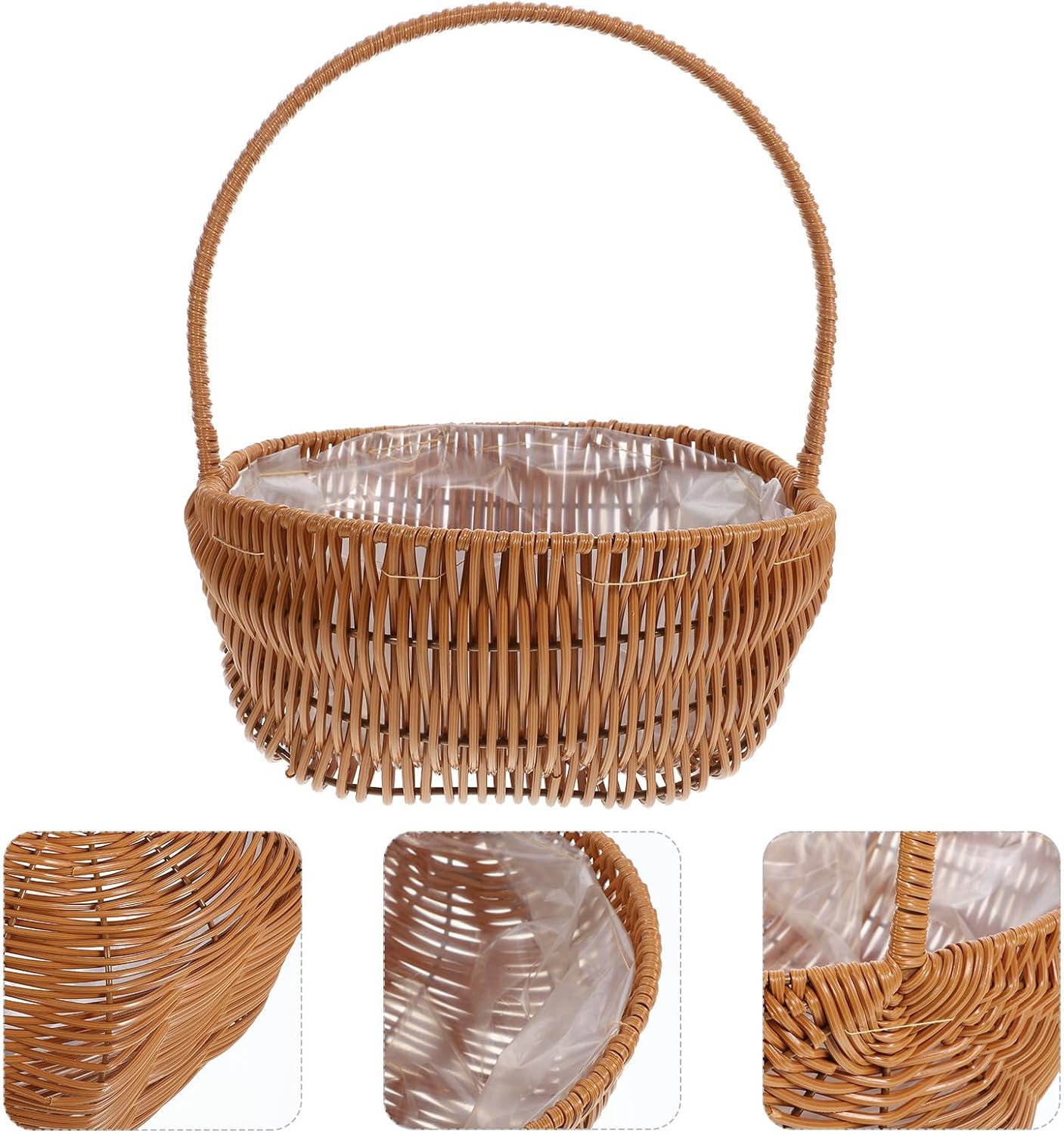 POPETPOP Woven Flower Girl Basket Small Picnic Basket with Handle Plastic Lining for Wedding and Fruit Harvest 29cm X 24cm
