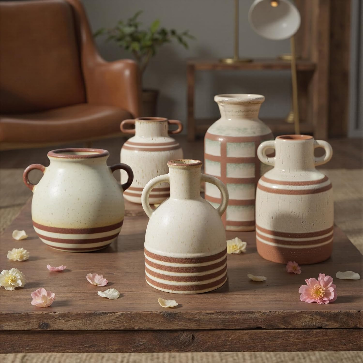 Ceramic Rustic Farmhouse Vase with Handles, 6.9 inch Vintage Stripe Terracotta Vase, Pottery Decorative Flower Vase, Boho Clay Vases for Home Decor, Shelf, Table, Living Room, Mantle