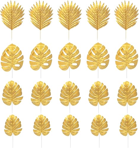 BESTOYARD 20 piezas de plantas artificiales hojas de palma de plástico dorado tropicales hojas decoraciones de boda imitación hoja de tortuga dorada