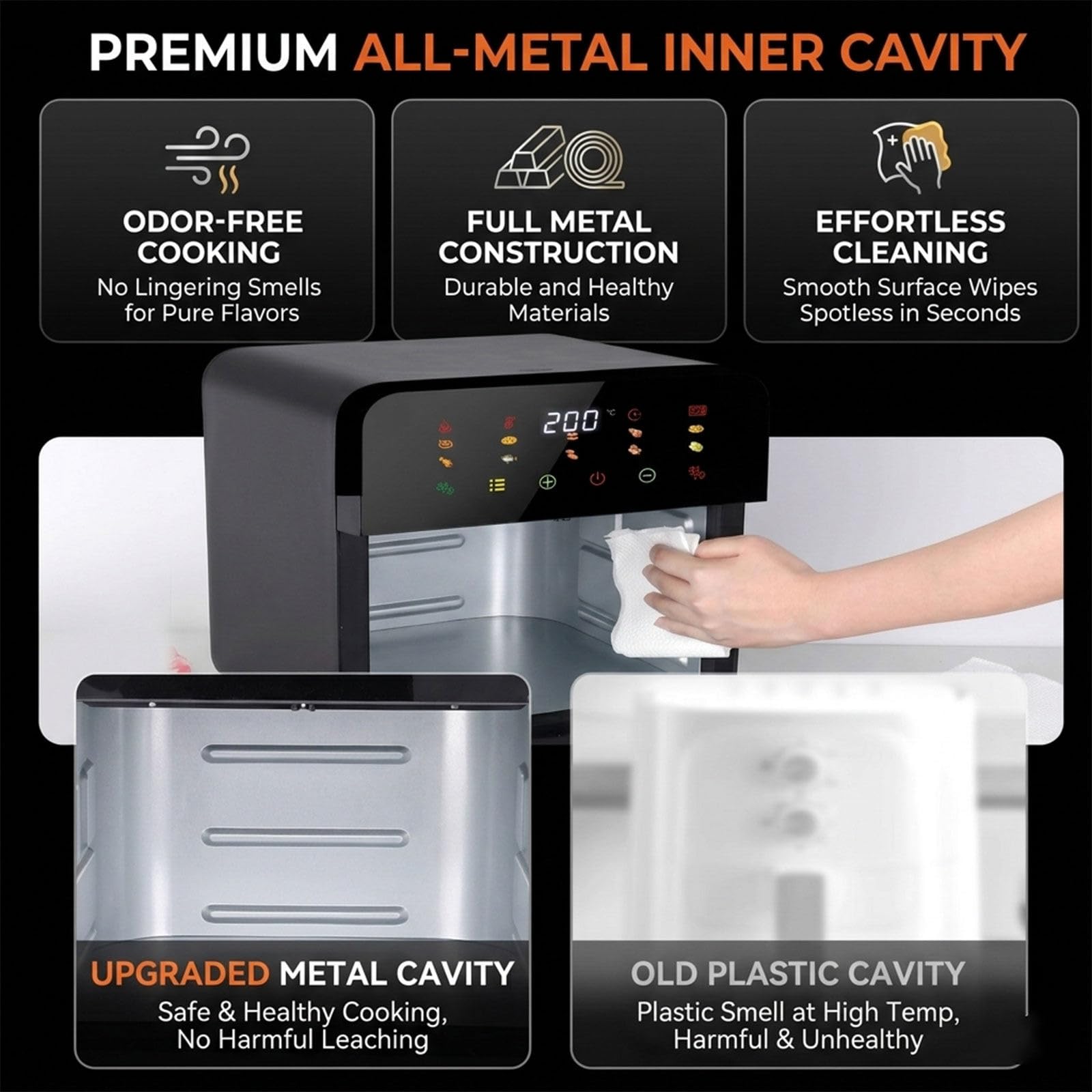 Forno friggitrice Vapore 8 in 1 a convezione, Forno da banco Grande, Controllo Touch Digitale, disidratazione/Cottura/arrostitura/Riscaldamento, Formato Famiglia, 70-200°C