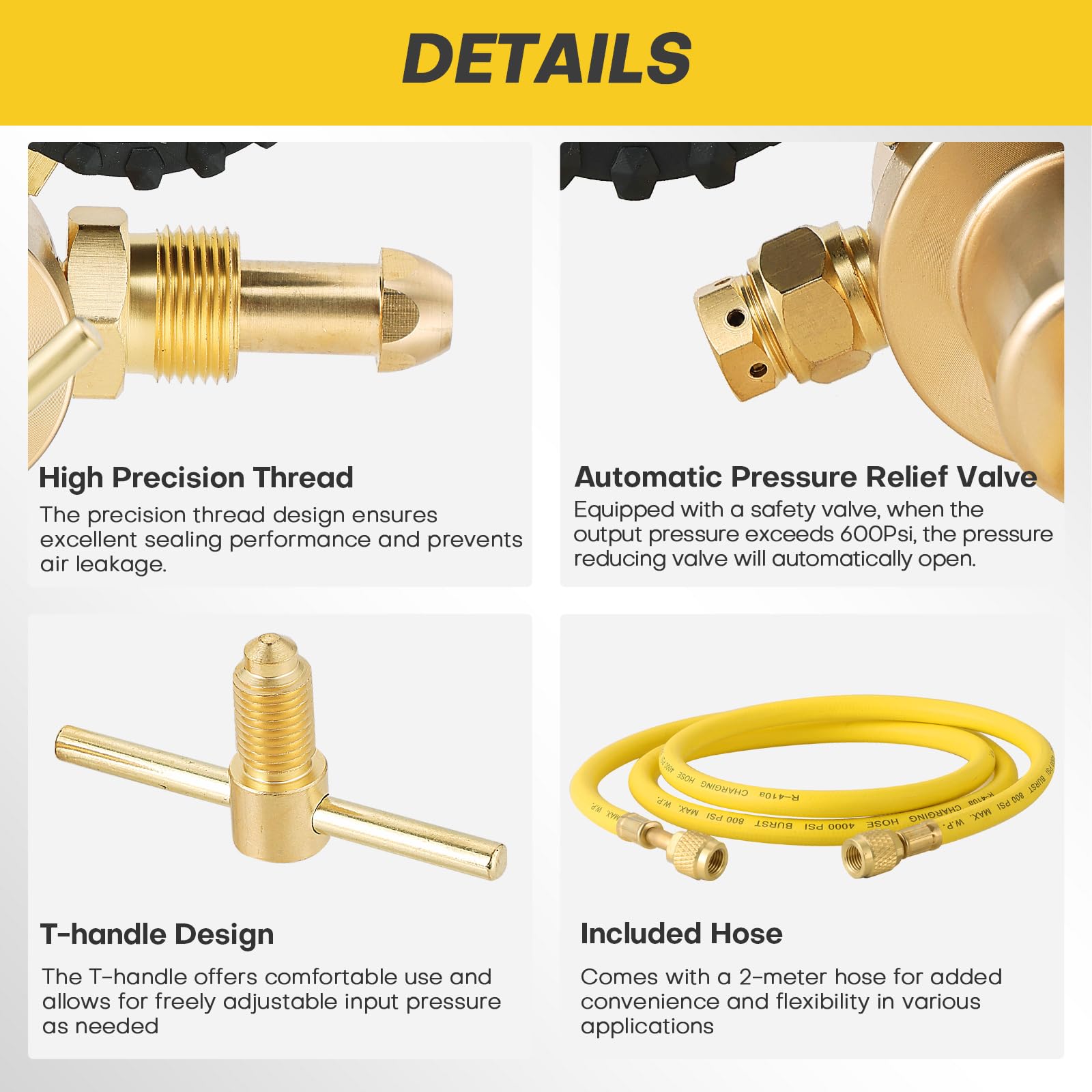 Kit regulador de gas nitrógeno con doble calibre, rango de presión de entrega de 0-800 PSI, conexión de salida macho de 1/4 pulgadas y entrada CGA580, con manguera de 6.5 pies, ideal para HVAC