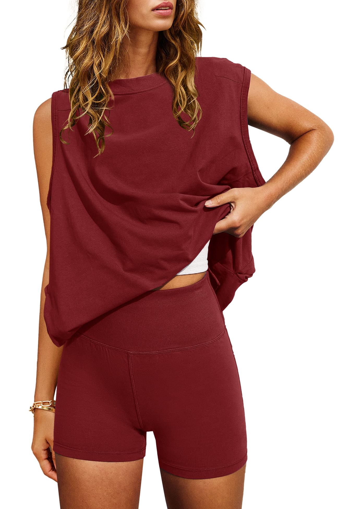 Nirovien Women 2 Piece Outfits Workout Sets Summer Matching Lounge Set Tunic Tops and Biker Short Sets