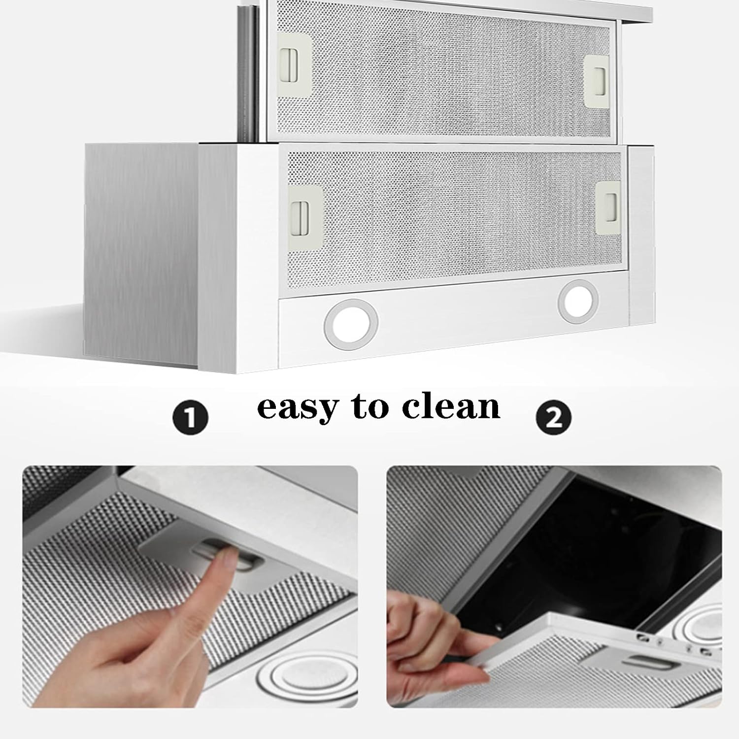 Stainless Steel Kitchen Cooker Hood, 600mm Built-in Extractor Fan with LED Light, Top Vented Range Hood, Hidden Pull-Out Design for Modern Kitchens