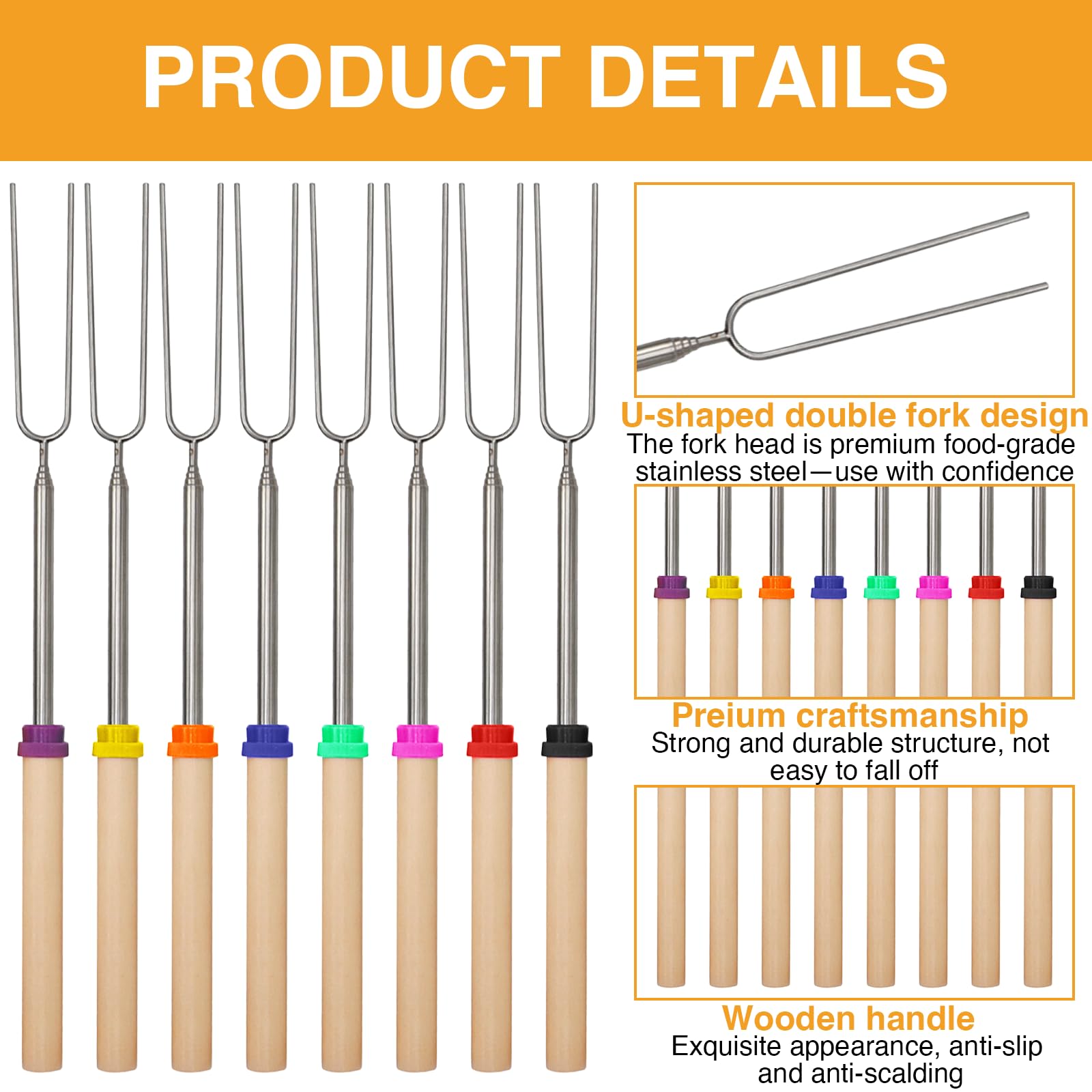 Ninnyi 16 Pcs Marshmallow Toasting Forks, Extendable Smores Marshmallow Toasting Sticks Kit with 1 Brush for BBQ, Outdoor Picnic, Bonfire - 3