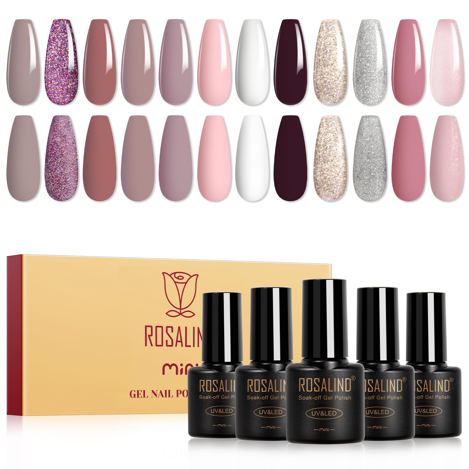 ROSALIND Esmaltes Semipermanentes, 12 Colores Rosa Oscuro Rosa Claro Blanco Colores Pintauñas Semipermanentes,Soak Off UV/LED Esmaltes en Gel Purpurina Manicure Regalo
