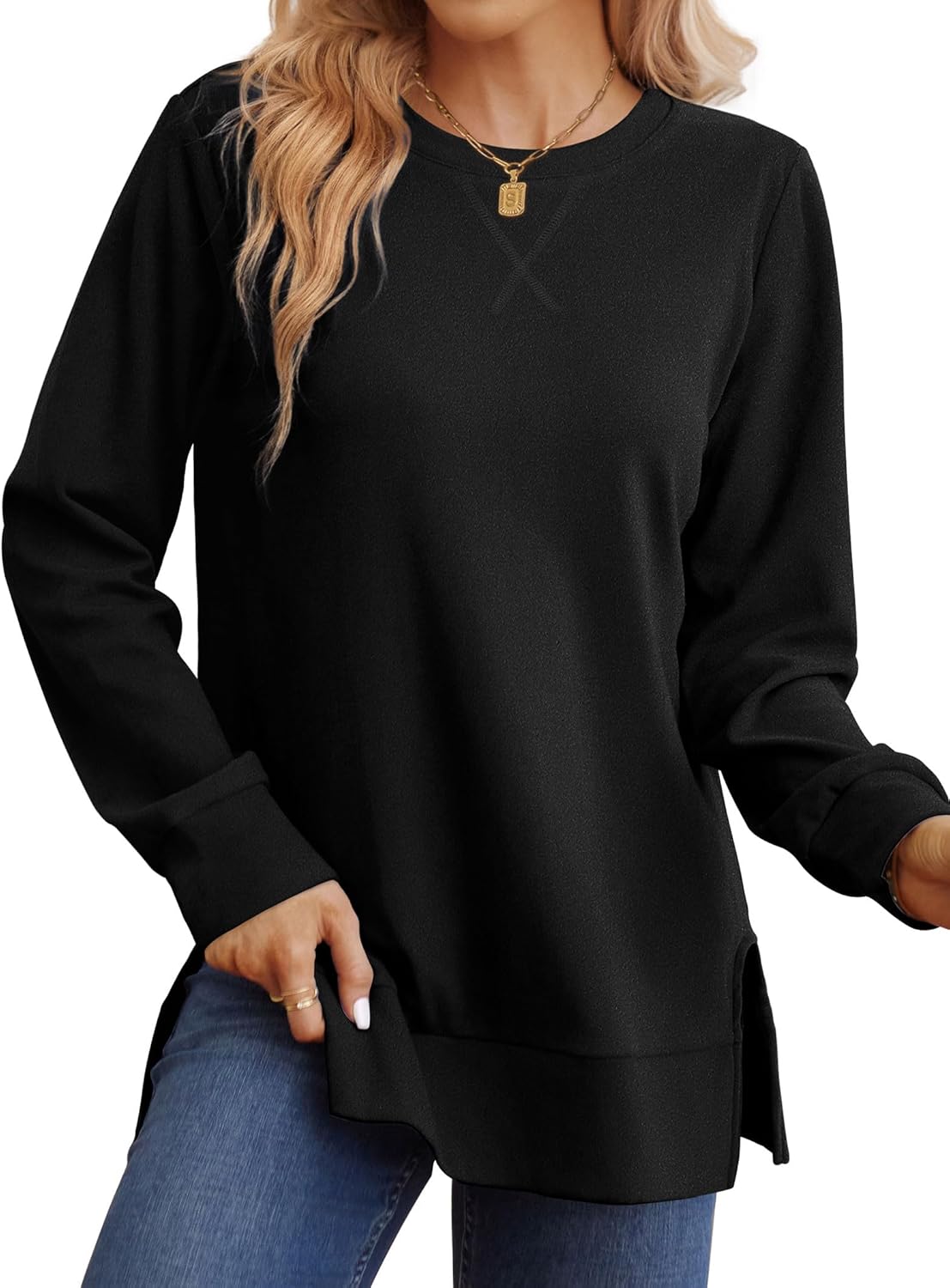 Saloogoe Sweatshirt for women Side Split Fall Fashion 2025 Long Sleeve Shirts Trending Now