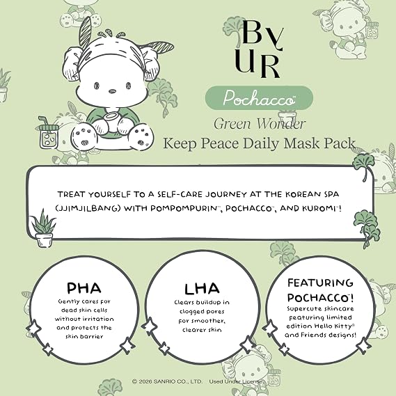 ByUR Green Wonder Sanrio Character Daily Aqua Serum Mask (30 Sheets) Hydrating Moisturizing Face Pore Treatment K-Beauty Skincare Centella & Tea Tree for Sensitive & Dry Skin - Pochacco K-Spa