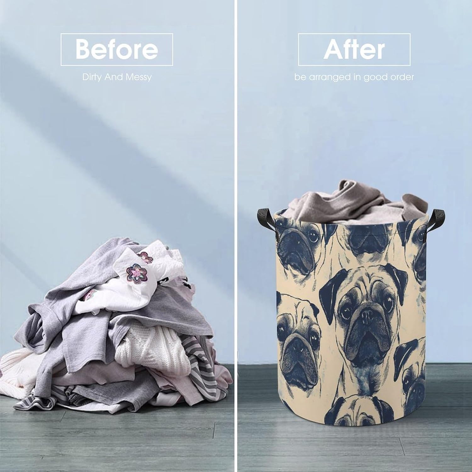 Pugs Dog Heads Pattern Laundry Hamper Basket for Home Bathroom | clothes storage,handle,large capacity,oxford