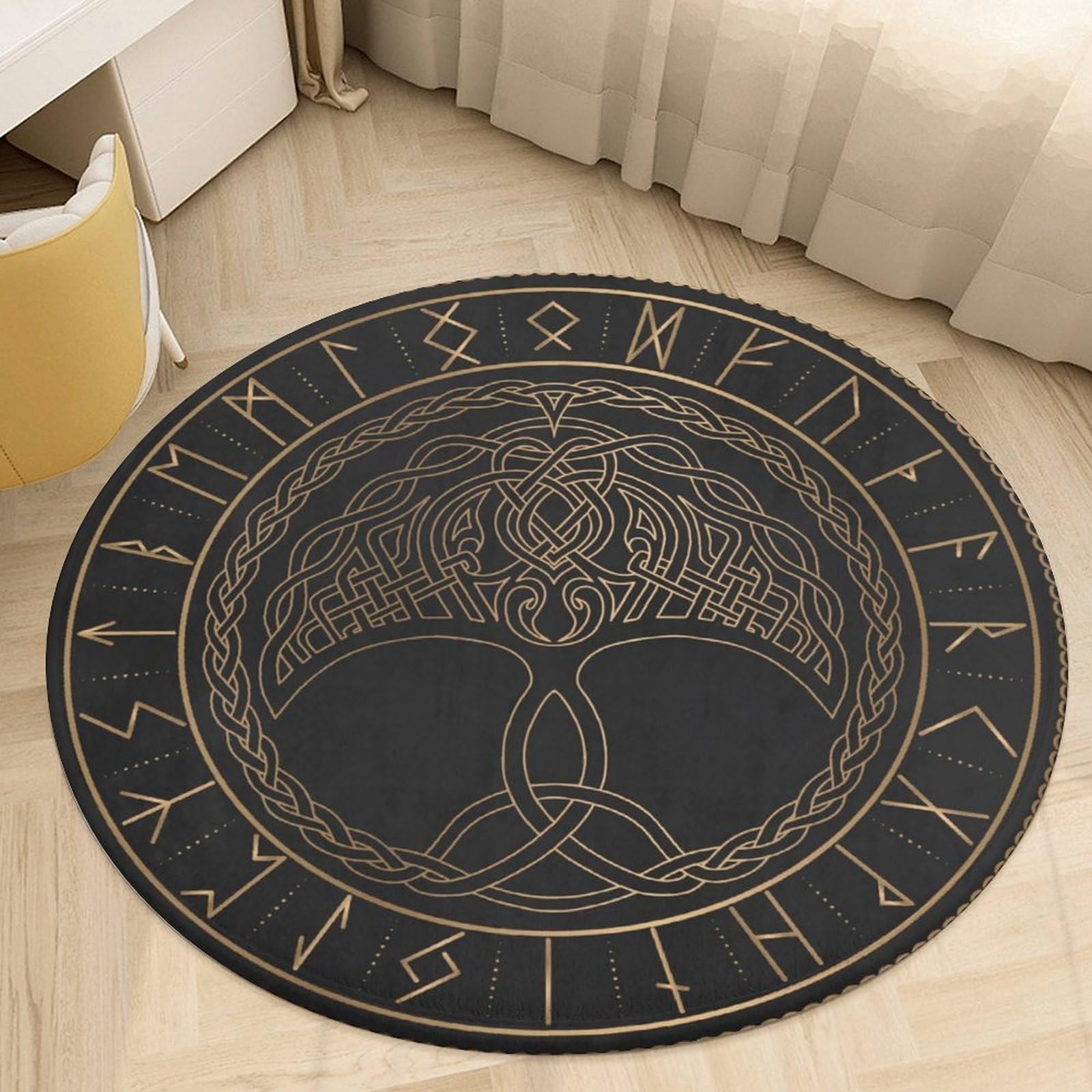 Tapis de protection plancher en bois rond imprimé 3D lavable pour salon