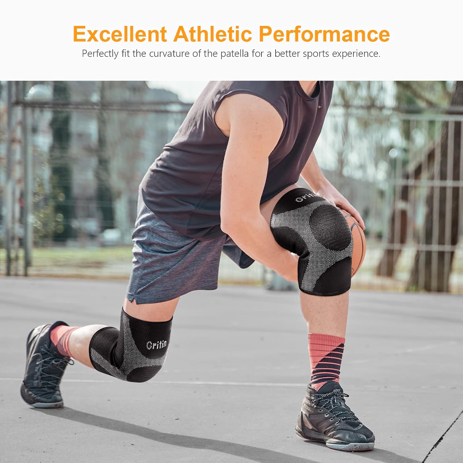 Gritin [2 Pack Knee Brace, Breathable Compression Knee Sleeve for Men & Women, Knee Support for Joint Pain Relief, Arthritis, Ligament Injury, Meniscus Tear, ACL, MCL, Sports, Squats