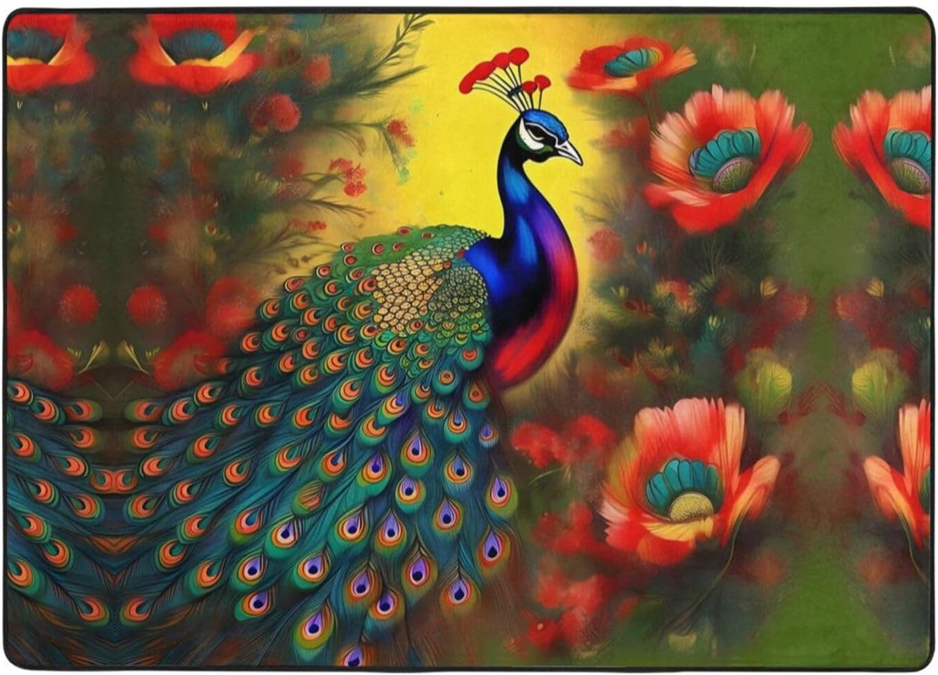 Peacock Flowers Printed Floor mat 80x58 inches, Non-Slip Decorative Carpet for Bedroom and Living Room