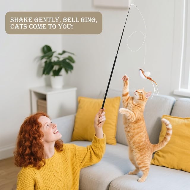 Foto 4 de 7 de LIAILA 14 Piezas de Juguetes para Gatos Que contienen 2 cañas de Pesca largas de Gatos (42-110 cm), 4 líneas