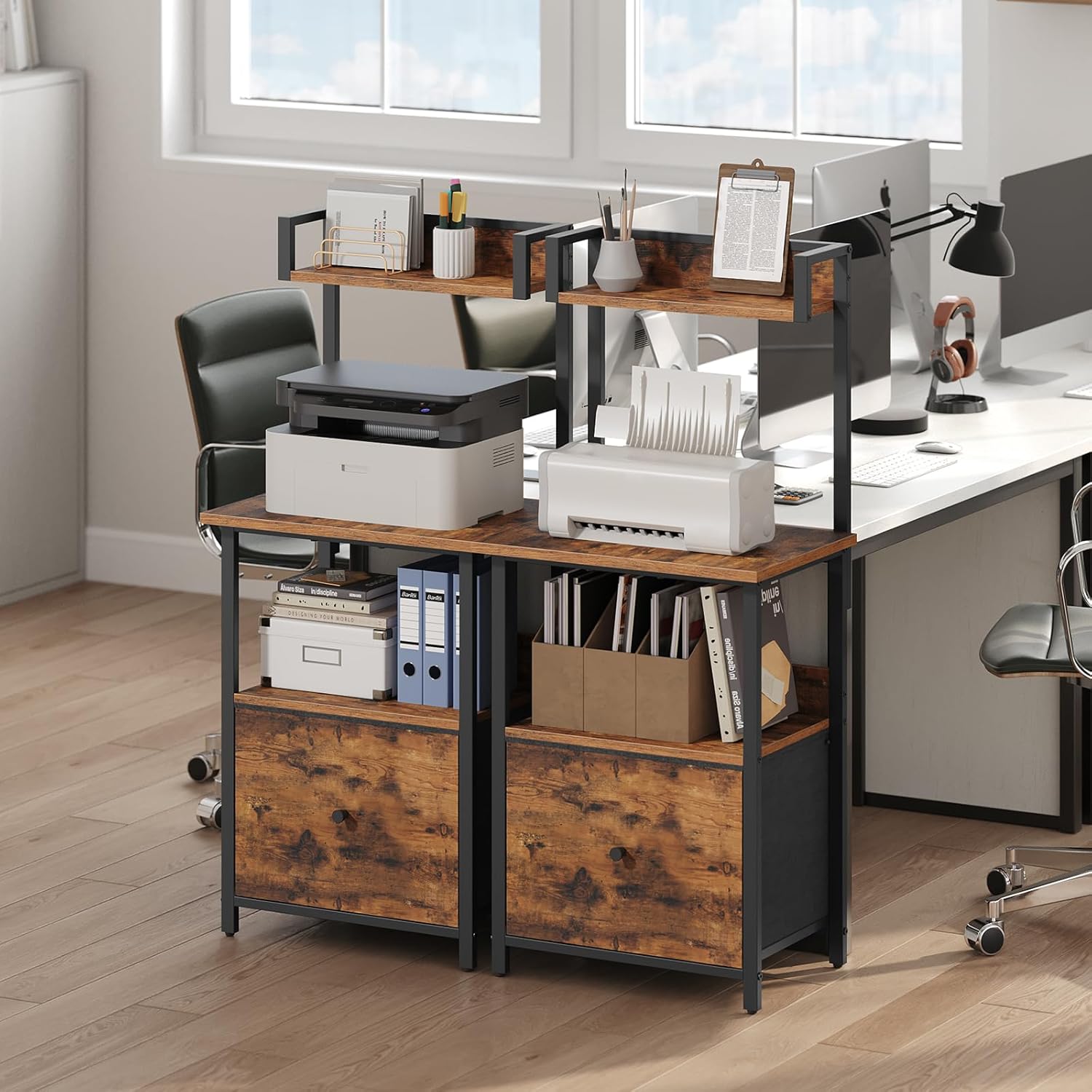 Printer Table with Storage, Home Printer Stand with File Cabinet, Fits A4/Letter Size Files, Printer Cabinet with Large Tabletop, Display Shelf, for Home Office, Rustic Brown PTHR3501