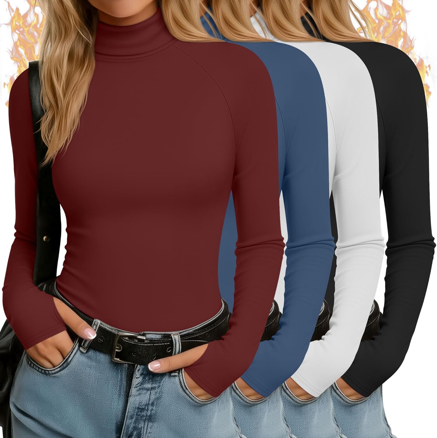 4 Pack Women's Turtleneck Shirts with Thumb Holes Long Sleeve Thermal Tops Elastics Slim Fit Underwear