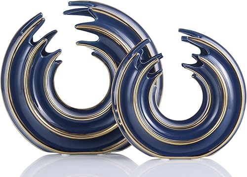 Juego de 2 jarrones redondos de cerámica para decoración del hogar (línea dorada, azul dorado)