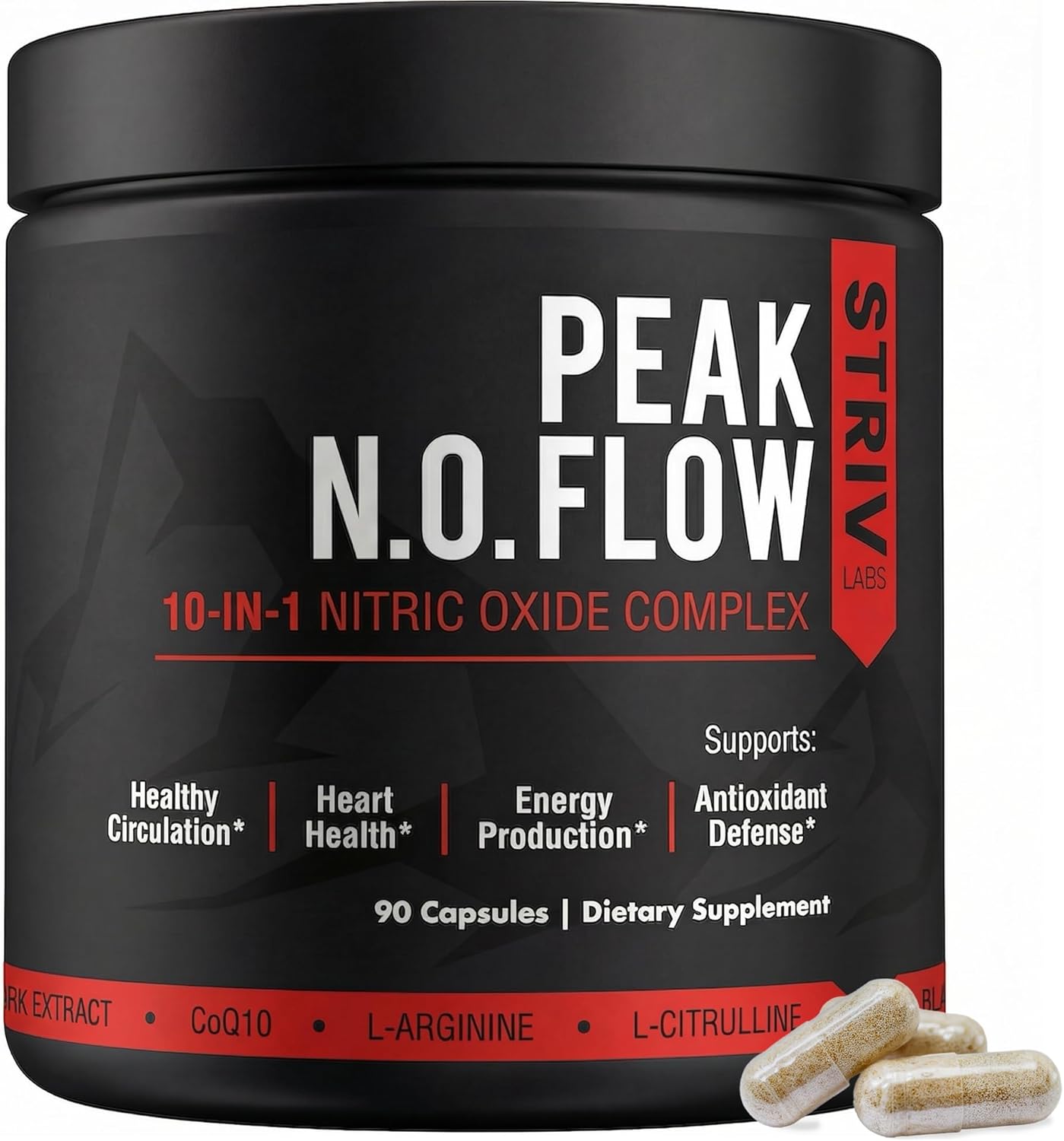 Peak Flow 10-in-1 Nitric Oxide Supplement - L Citrulline, L Arginine & CoQ10 - Healthy Circulation, Heart Health & Stimulant-Free Energy - 90 Capsules