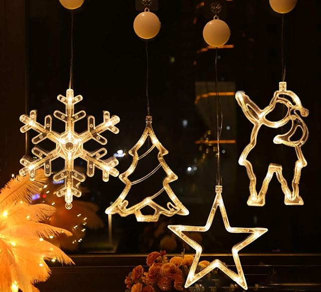 4pcs Christmas Window Decorations Hanging Christmas Lights for Windows Led Warm White Battery Powered with Suction Cup Star Snowflake Santa Christmas Tree for Christmas Party Decorations (Xmas Set B)