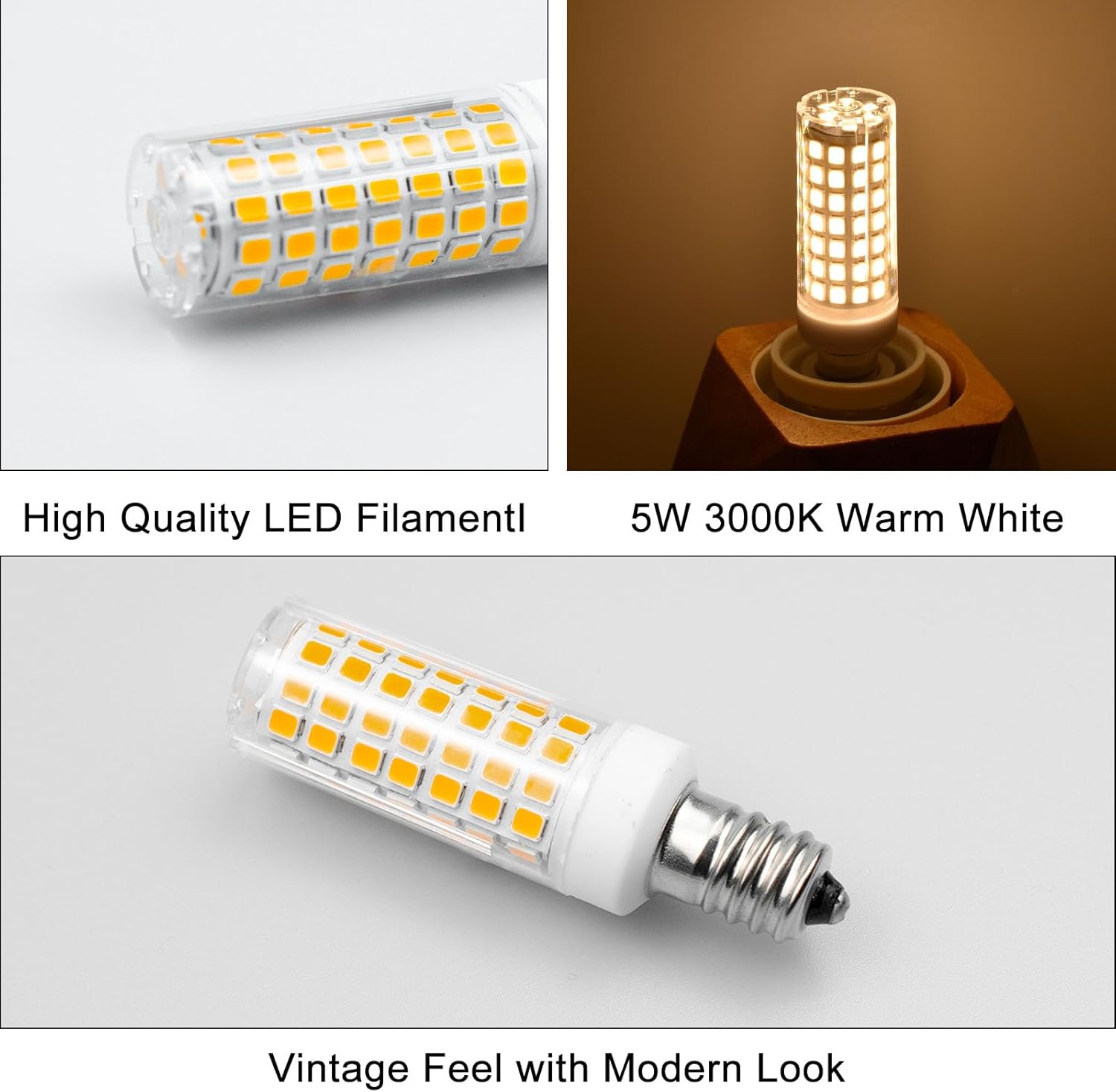 Dimmable E12 Led Bulbs 3000K Warm White 5W, Replace 40W-50W E12 Halogen Equivalent, T6 Base 120V E12 C7 LED Candelabra Bulbs for Ceiling Fan Chandelier Lighting, 5 Pack