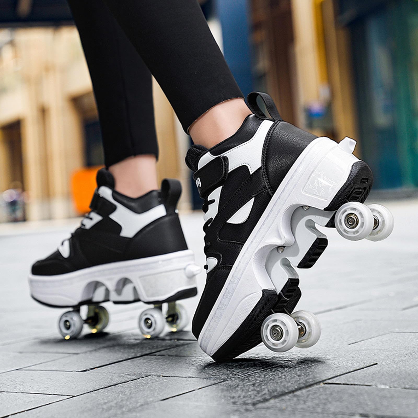 Sneakers Roller Scarpe da Skateboard Sneakers con Ruote Sport Ginnastica Moda Multiuso Kick Roller Shoe,Black-36