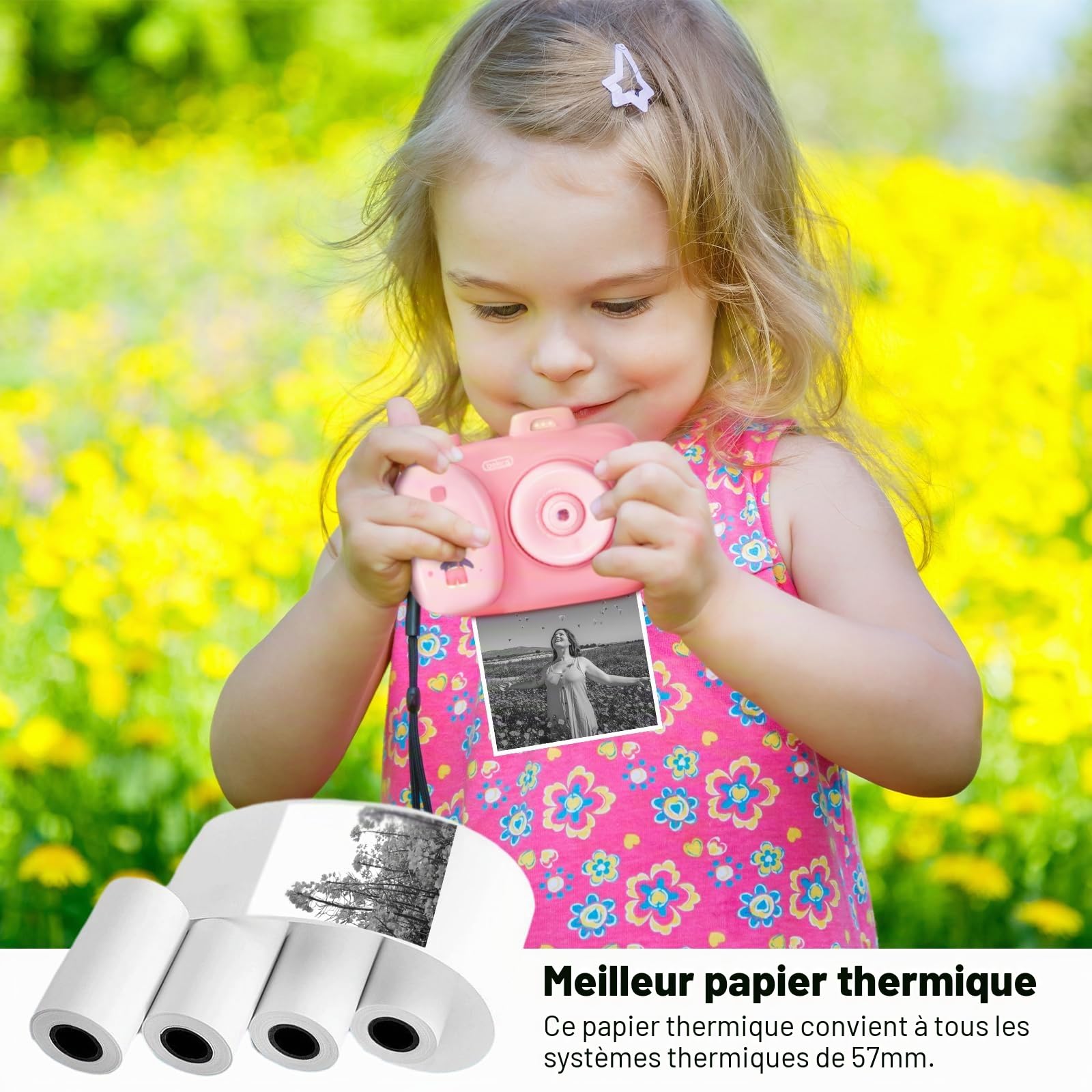 Papier Thermique Rouleau 5,7 cm pour Appareil Photo Enfant, Rouleaux Imprimante Thermique