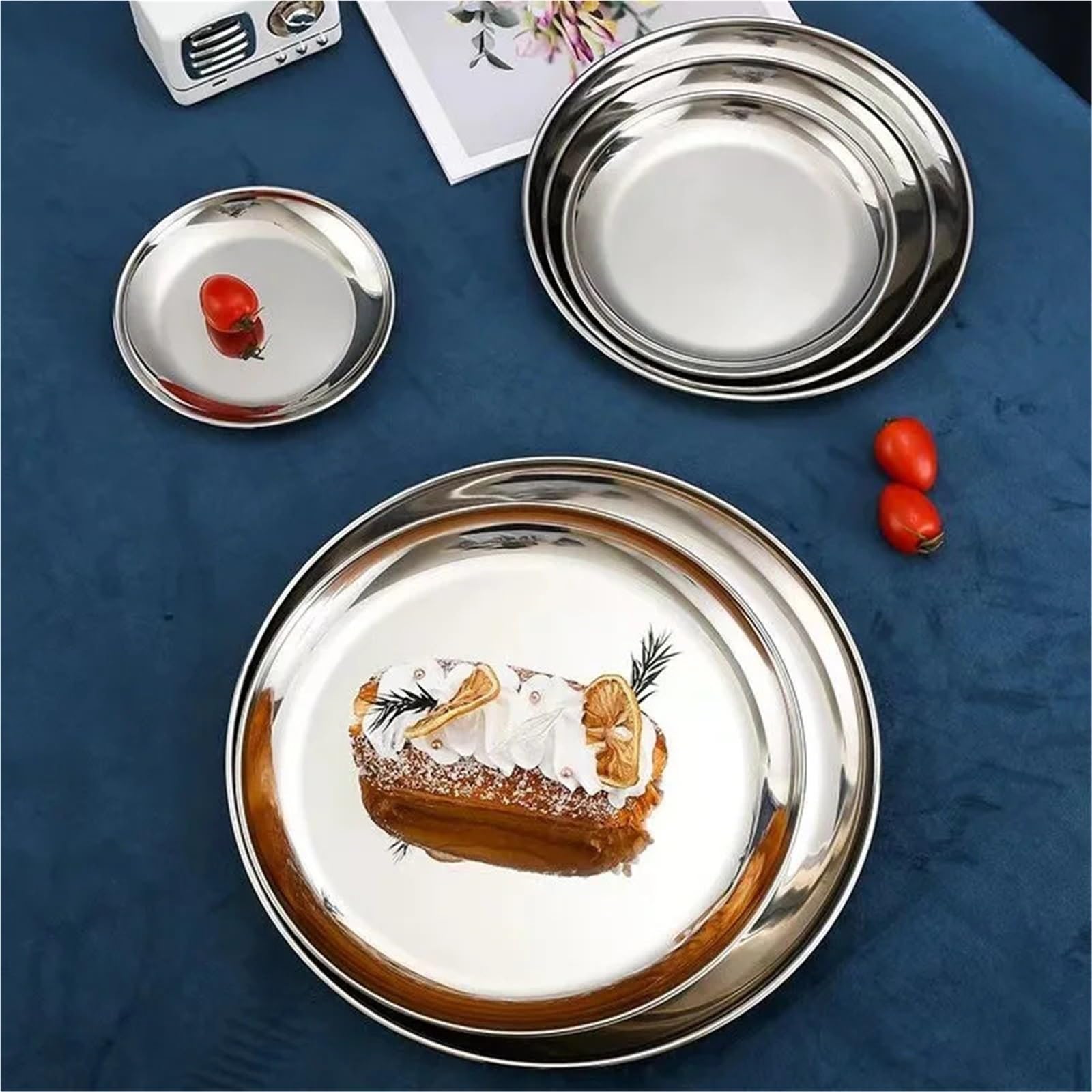 Vassoio da 3 Pezzi in Acciaio Inox, Piatto Portata Rotondo, Dessert, for Frutta e Carne per Cucina(Color2,23cm)