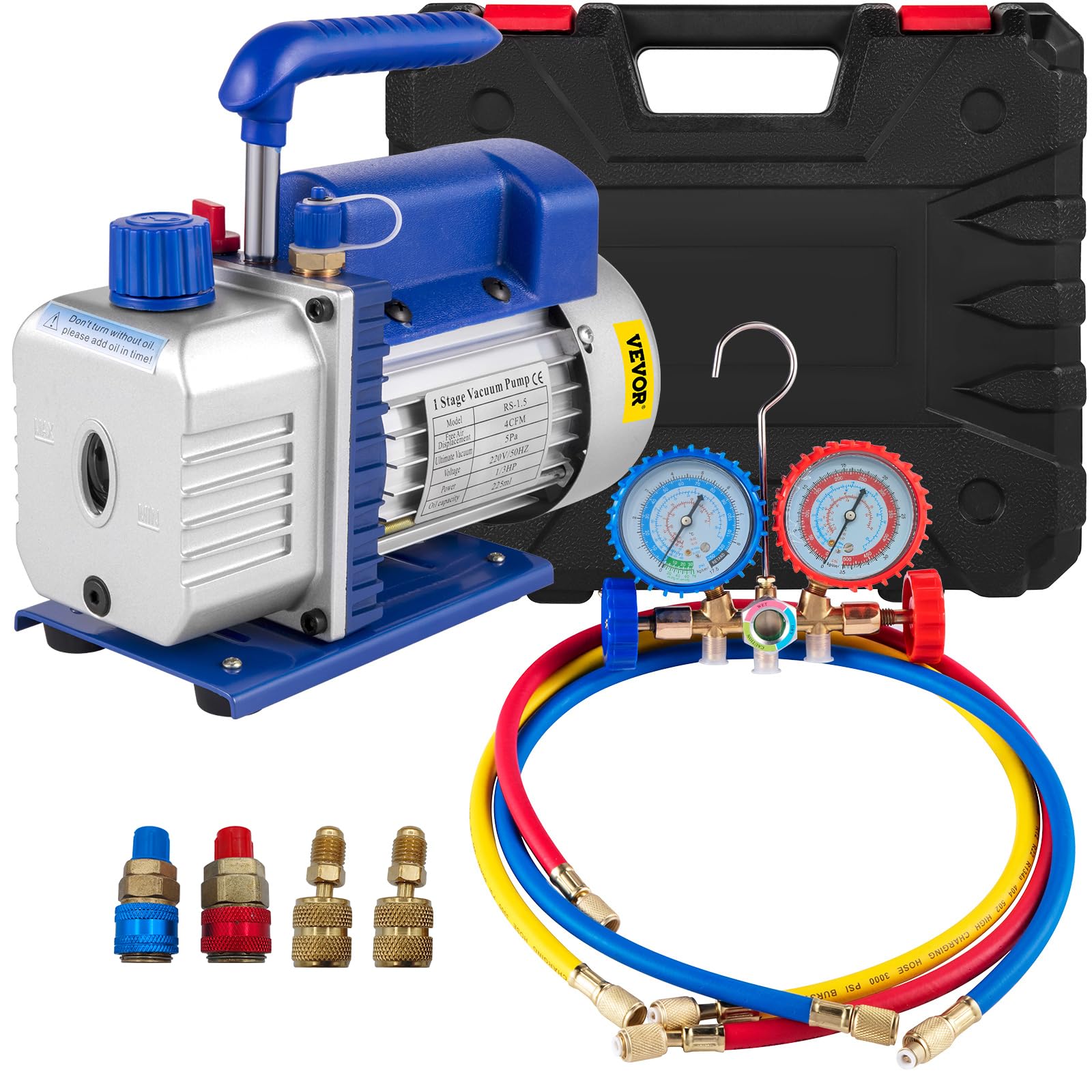 VEVOR Pompa del Vuoto Manometro Strumento Monostadio Sottovuoto 1720RPM Set Pompa per Vuoto 4CFM 1/​3HP con 3 Tubi