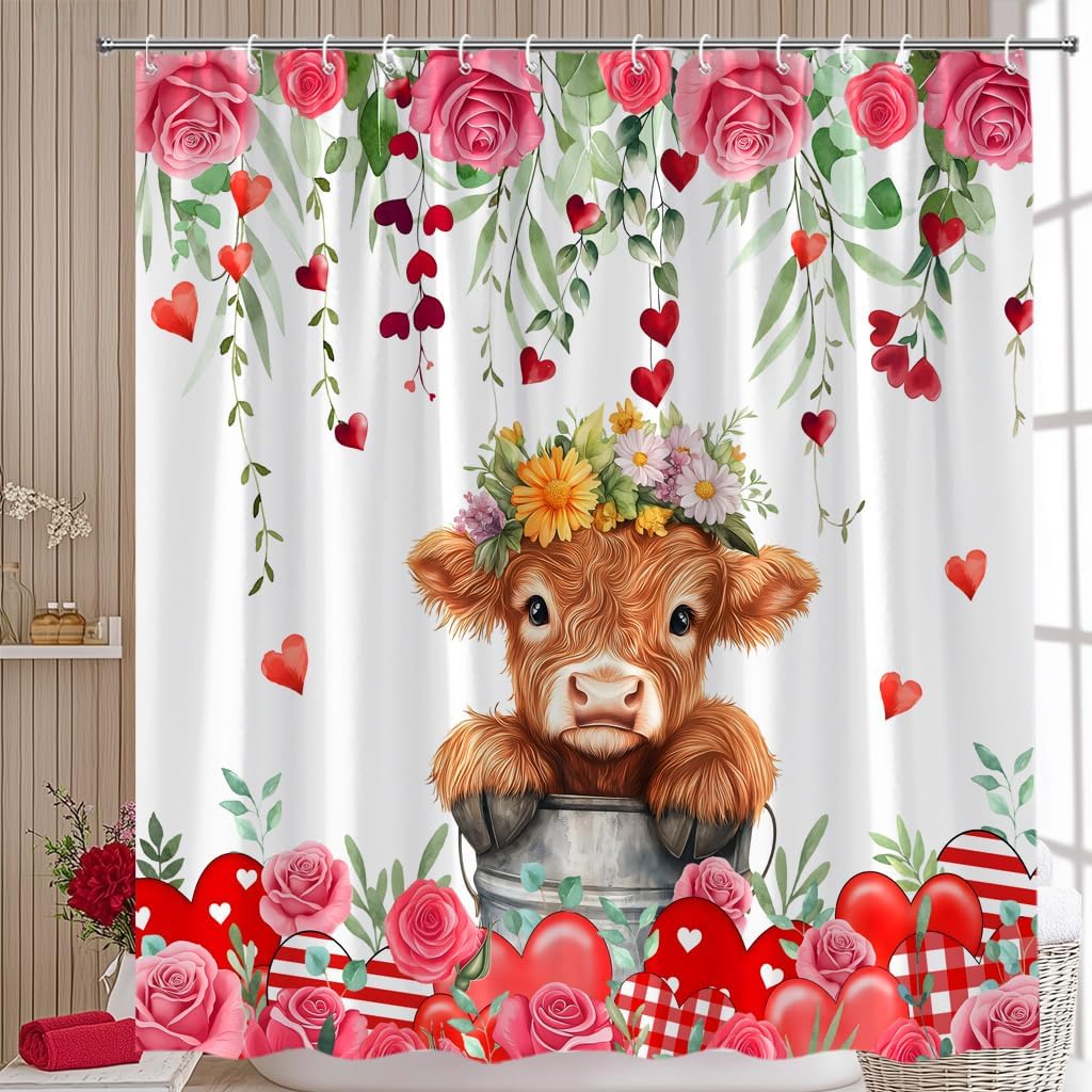 Valentine's Day Shower Curtain Highland Cow Pink Rose Floral Hearts Love Fabric Bathroom Home Decor with Hooks(70" Wx84 H)