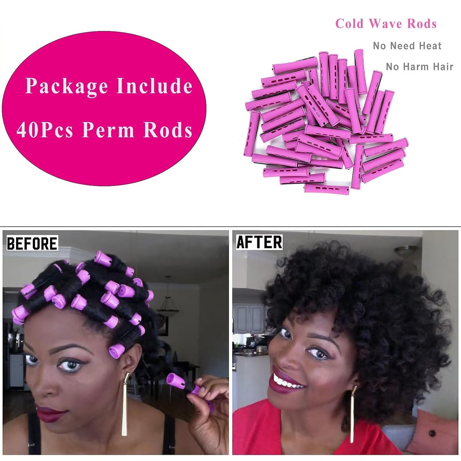 Perm Rods Set for Natural Hair, 40Pcs Plastic Cold Wave Rods, Heatless Perming Rods Hair Curler for Women, DIY Hairdressing Tools, Purple, 0.75 Inch