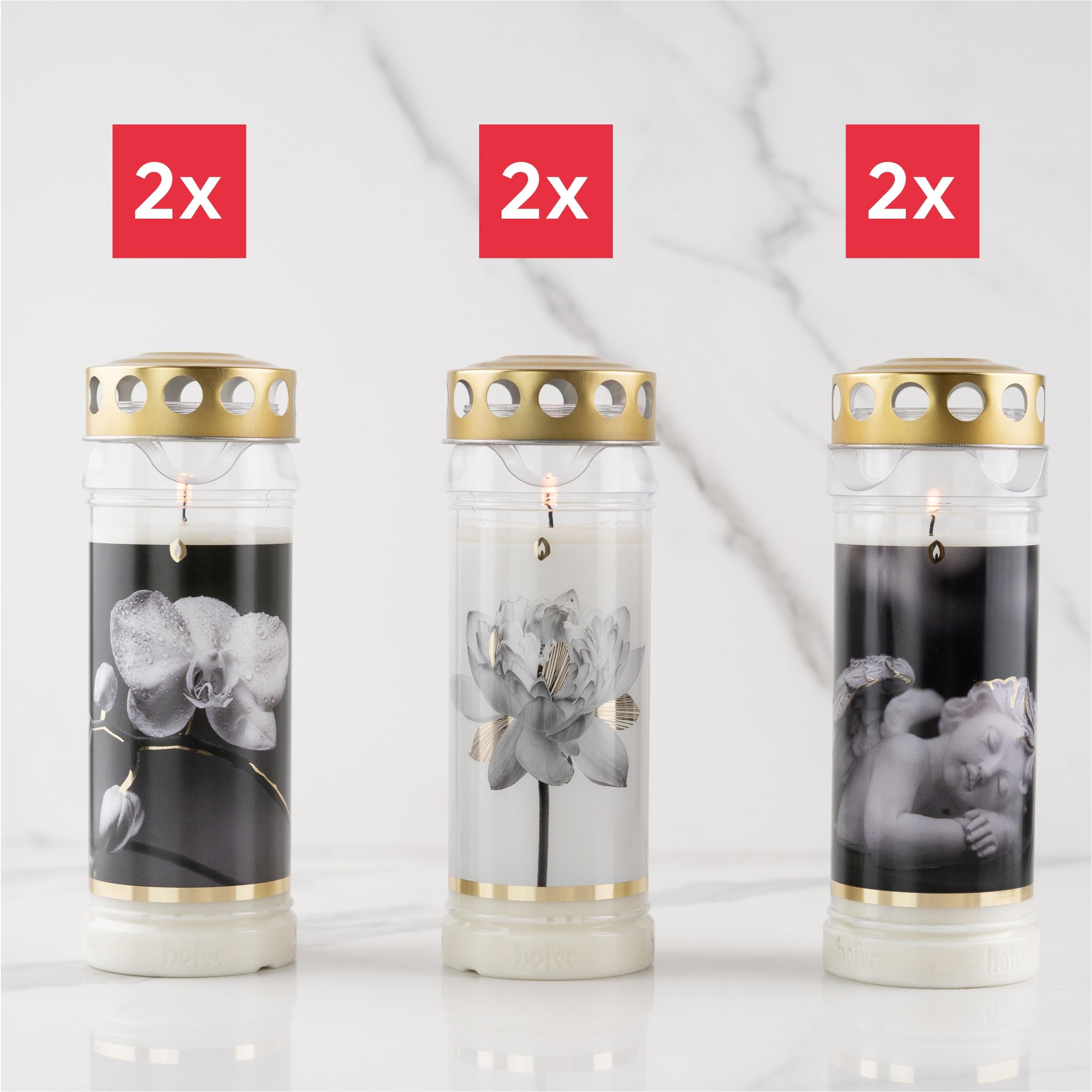 Set di 6 candele Hofer, durata 7 giorni – L'originale [Gold Select] resistente alla pioggia, candele con coperchio, luce per cimitero con motivo | decorazione funeraria