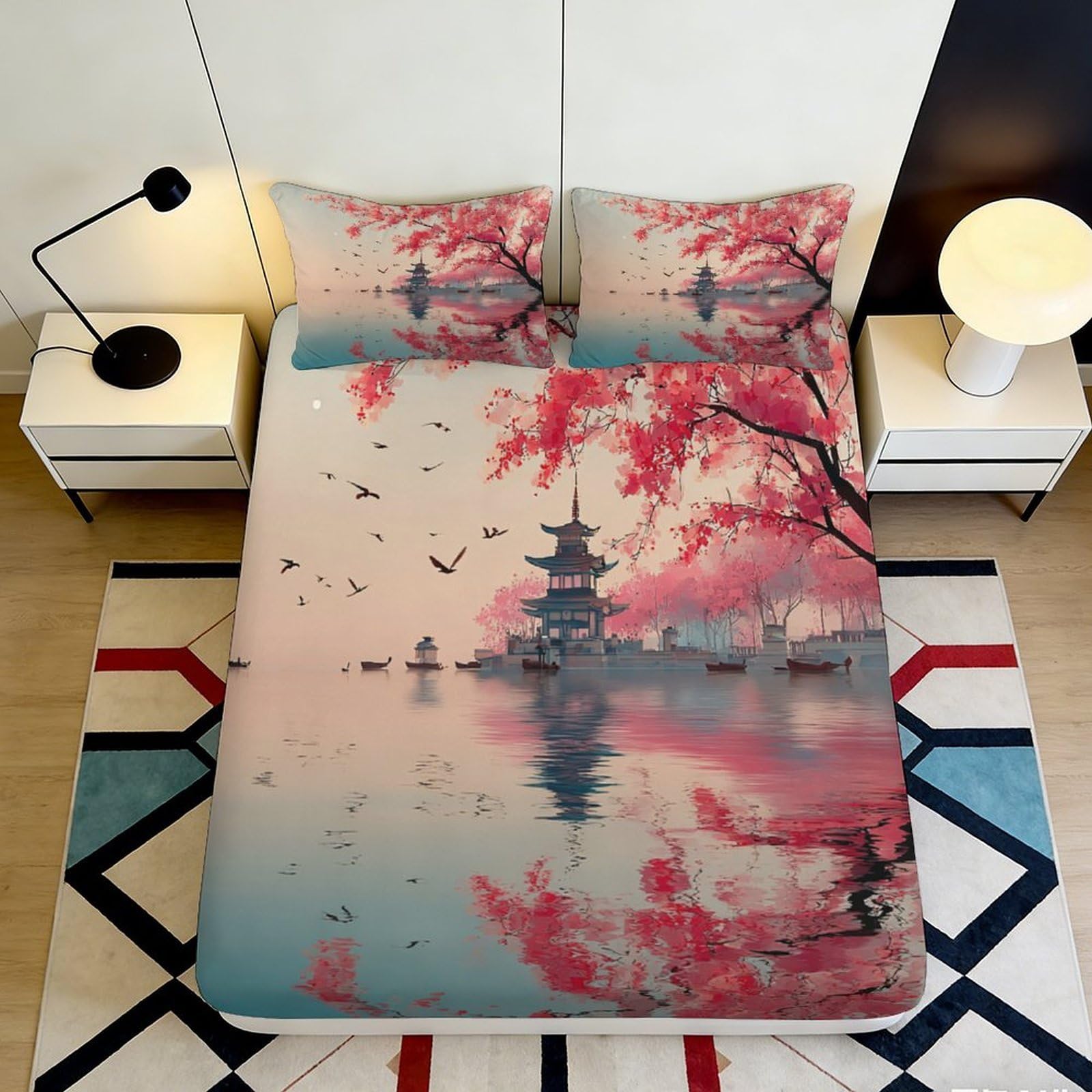 Uxinyoume Style-6 3D Printed Sakura Pagoda Fitted Sheet Microfiber Soft Pink Japanese Lake Bed Cover For Bedroom Guest Room Decor 90X200x25cm