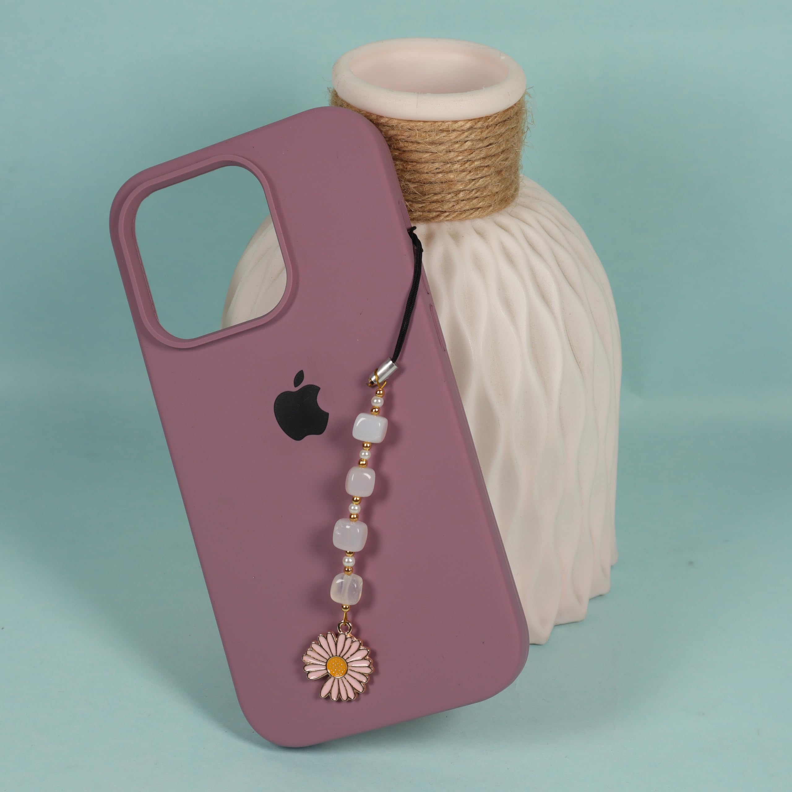 Phone charm, Hand Made with Beads and Colorfull Daisy Charm (White With Baby Pink Daisy) 4