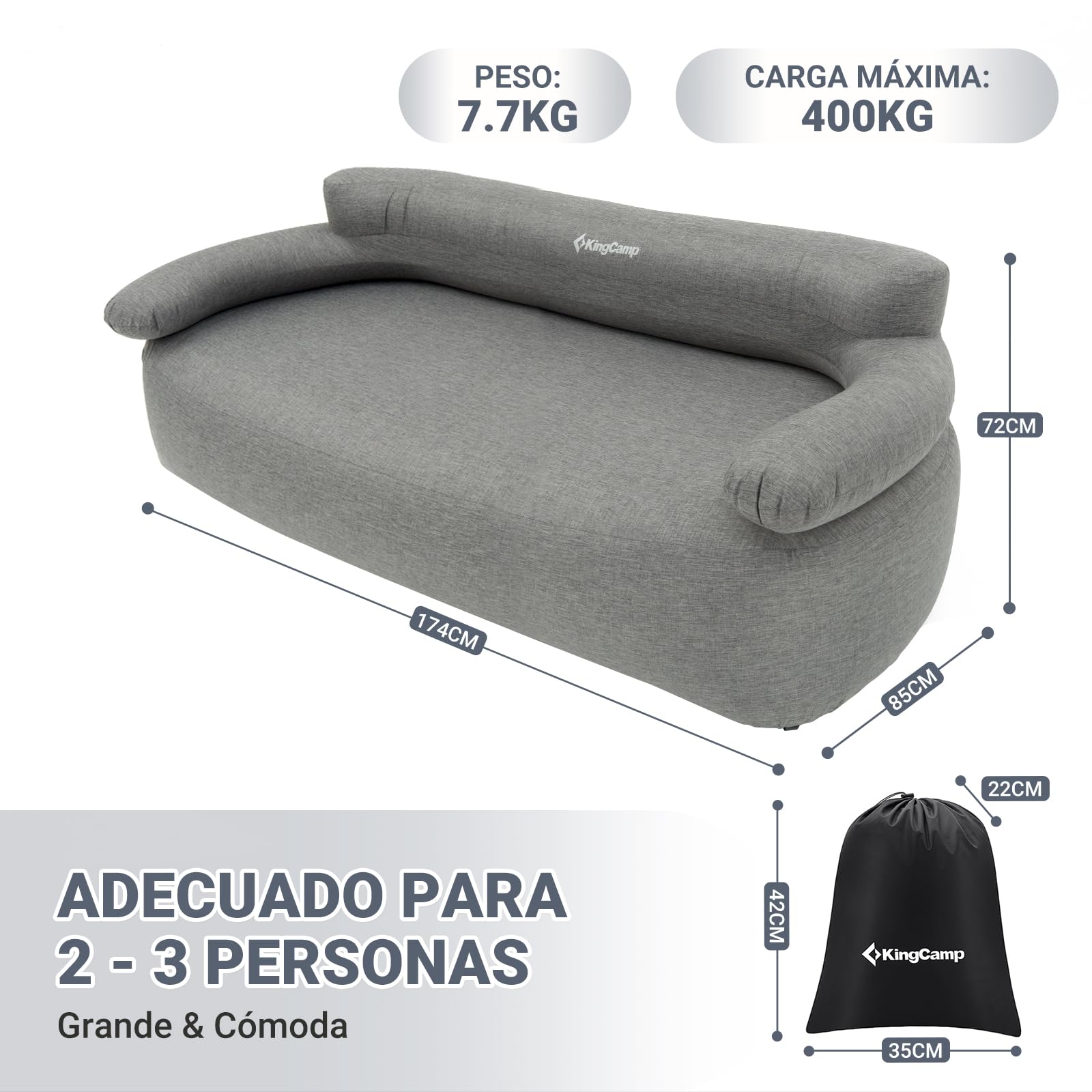 KingCamp Sofá Inflable 2 Asientos con Bomba de Pedal Durable,Tela Desmontable y Lavable, para Camping Familiar Jardín Festival de música