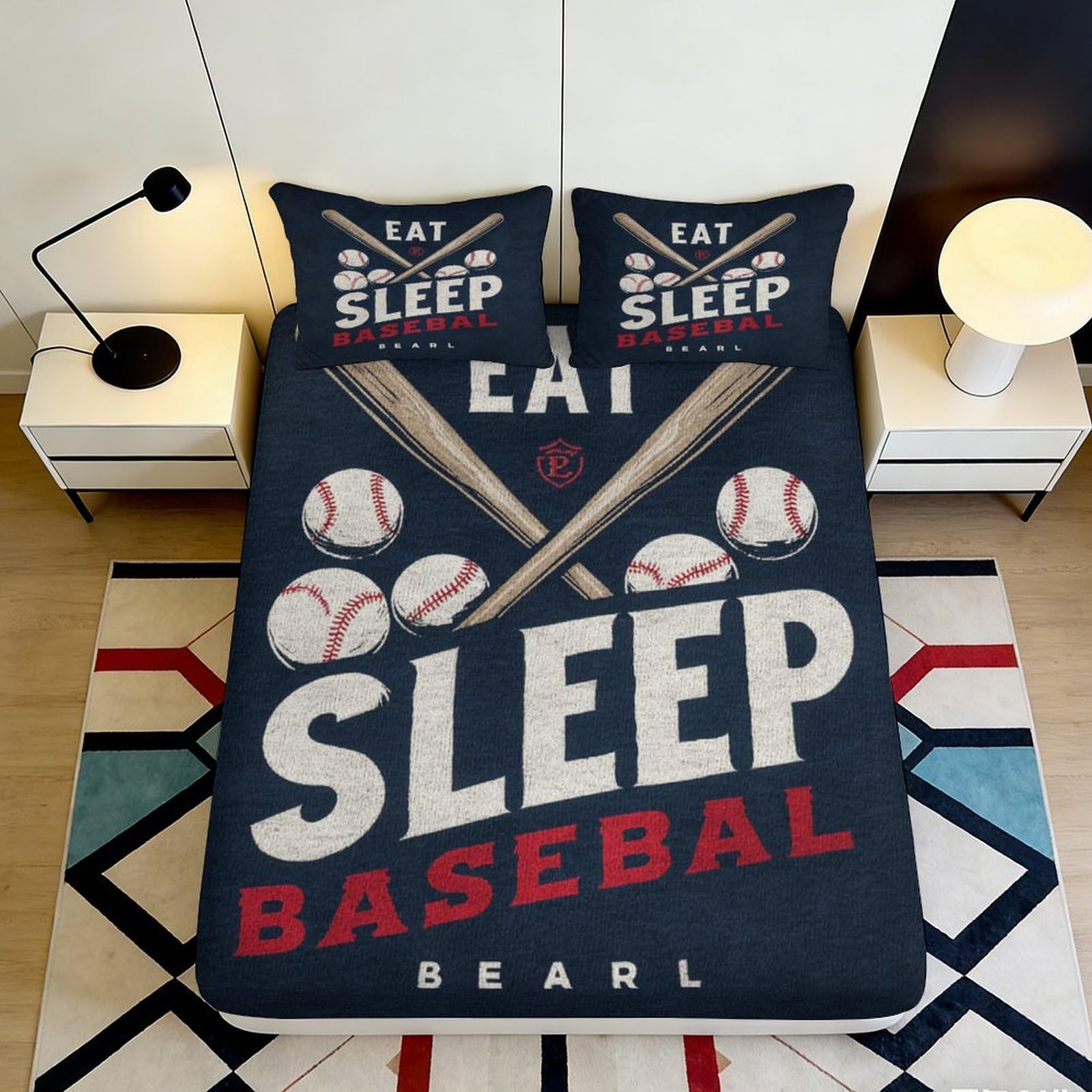 Jqzkxnhpbr Style-7 3D Printed Baseball Bat Fitted Sheet Microfiber Soft Navy Blue Eat Sleep Baseball Mattress Cover For Bedroom Dorm Decor 90X200x25cm