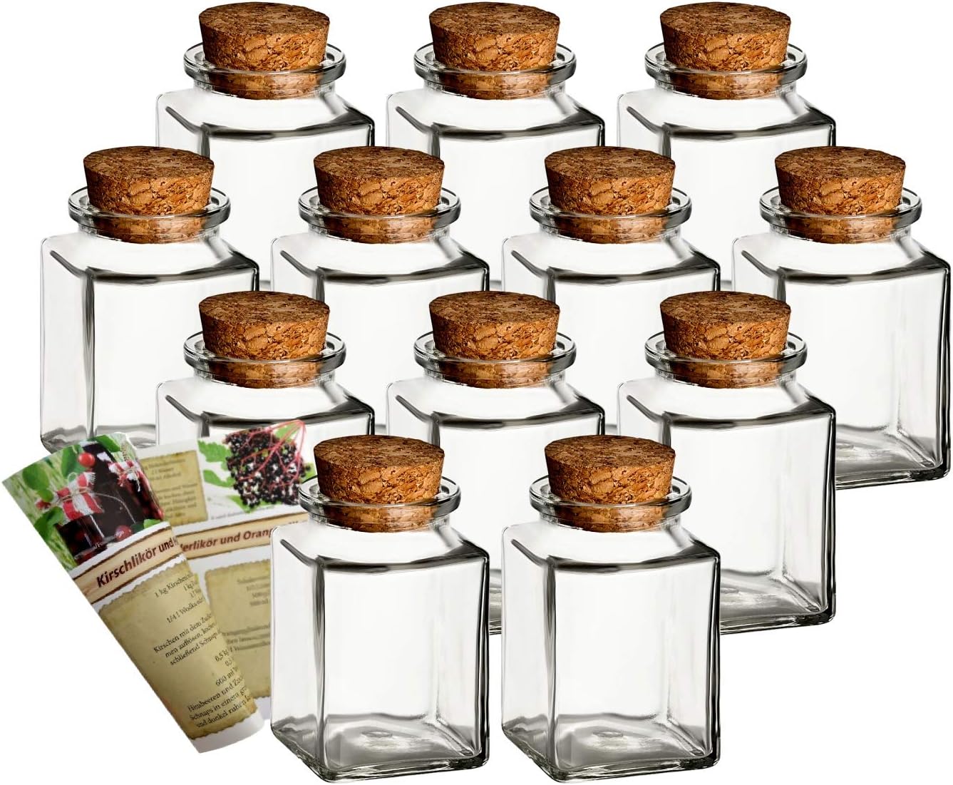 gouveo Set of 12 Spice Jars Square High 120 ml Including Recipe Booklet, Ideal for Party Favours Cork Jars, Glass Jar