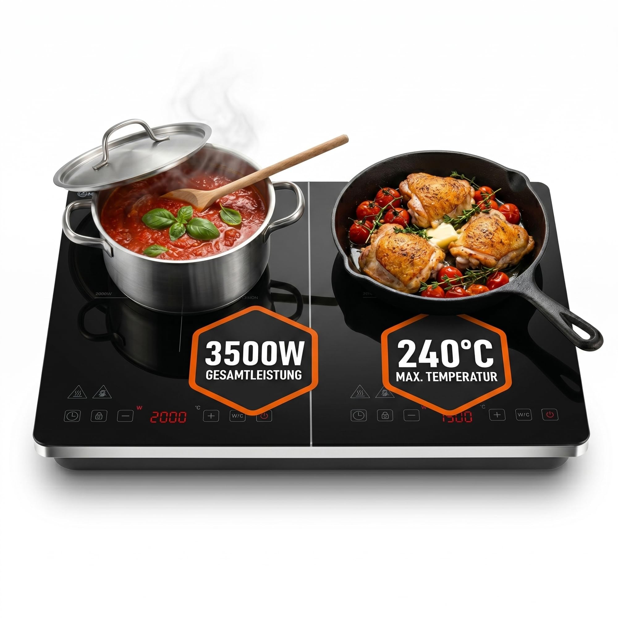 Sommertal Induktionskochfeld 2 Platten 3500W tragbar Touch-Bedienung 240°C Timer