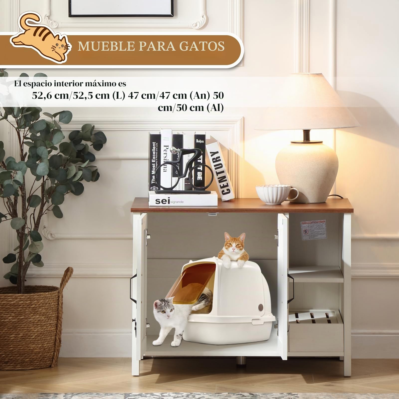 FOREST GRAVITY Mueble Arenero para Gato Pequeño Mueble Arenero para Gato Moderno 81 * 50 * 60 cm Casa para con Puerta y Tabique Separador Blanco Antiguo