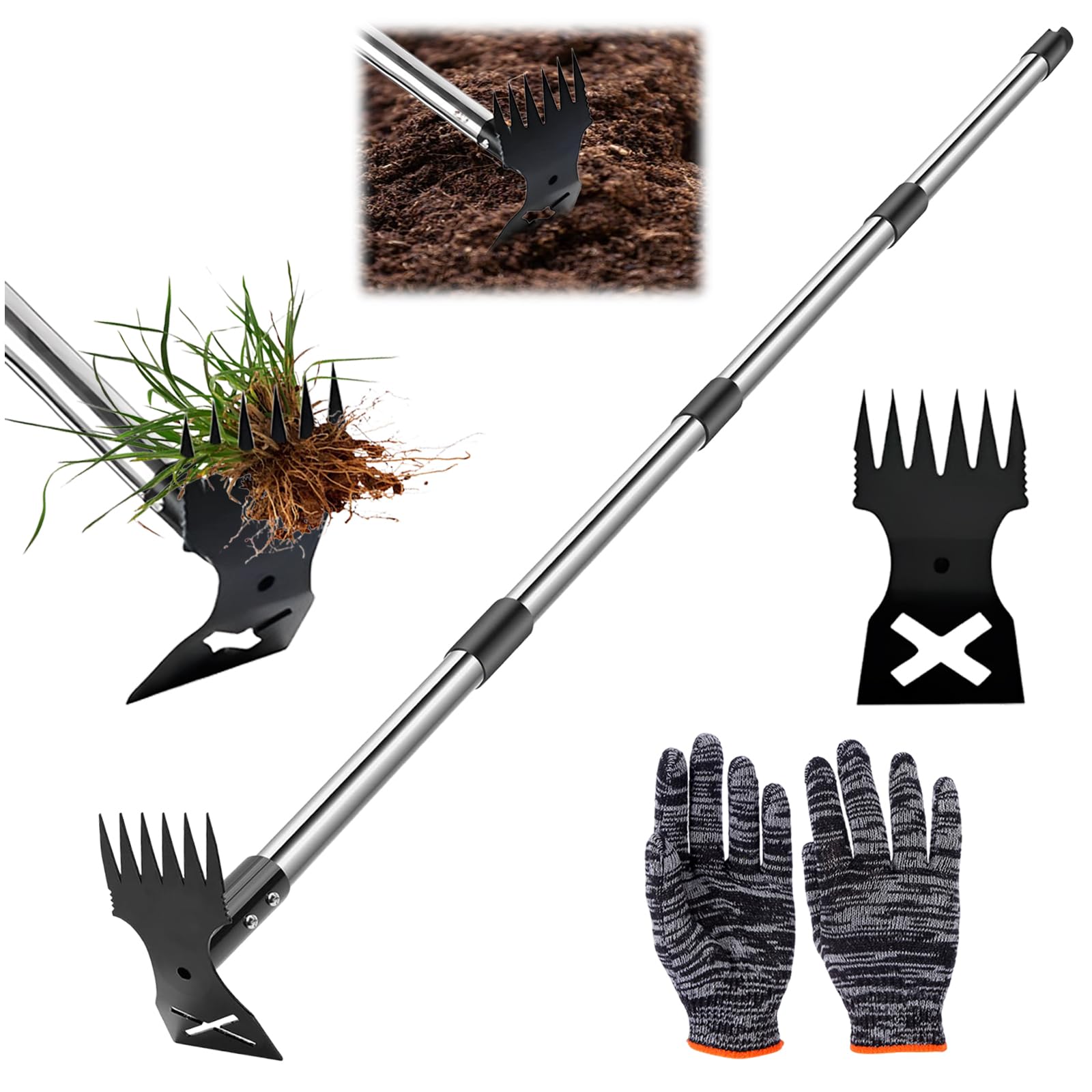 Audasi Weed Remover Tool, 2 in 1 Weed Hoe & Rake Combo Long-Handled Weeding Tool Manual Weeder with Detachable Handle & Gloves for Flower Bed Yard Lawn Patio Garden