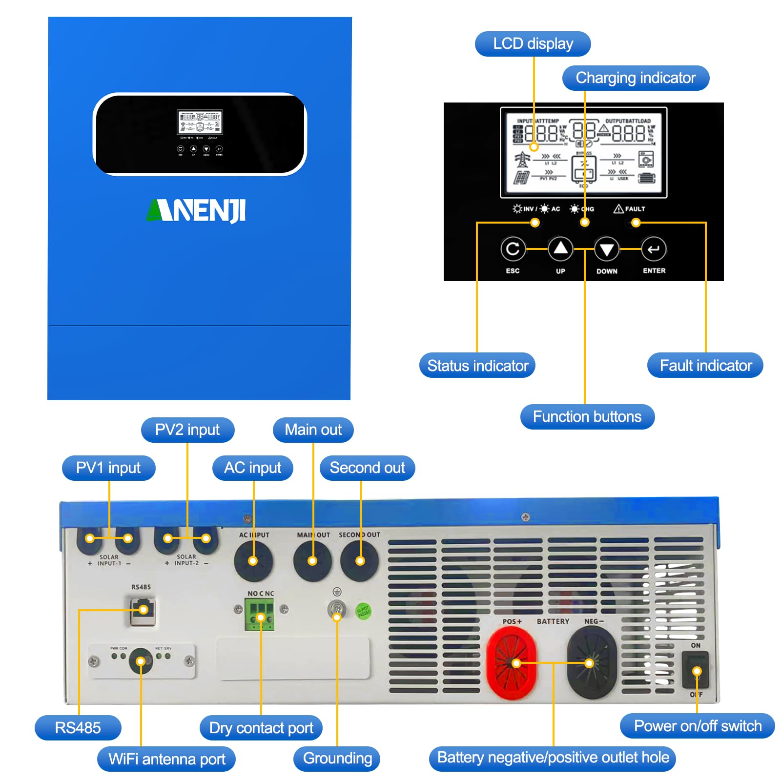 11kW Solar Hybrid wechselrichter 48VDC zu 230VAC Reiner Sinus Wechselrichter, Built-in 2 MPPT, Kann Strom in Das Netz Einspeisen Kann Ohne Batterie Verwendet Werden, Built-in WiFi-Modul