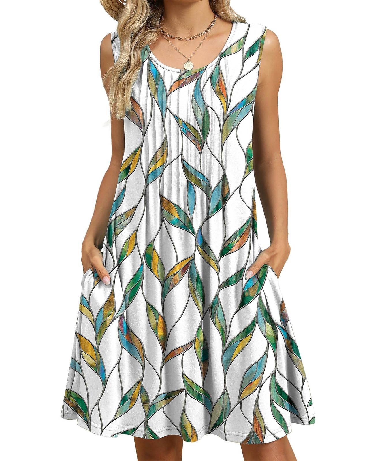 PICKLION Damen Sommerkleid Strandkleid Kleid Boho Sommer Leicht Kleider Midi Ärmellos mit Taschen S-2XL