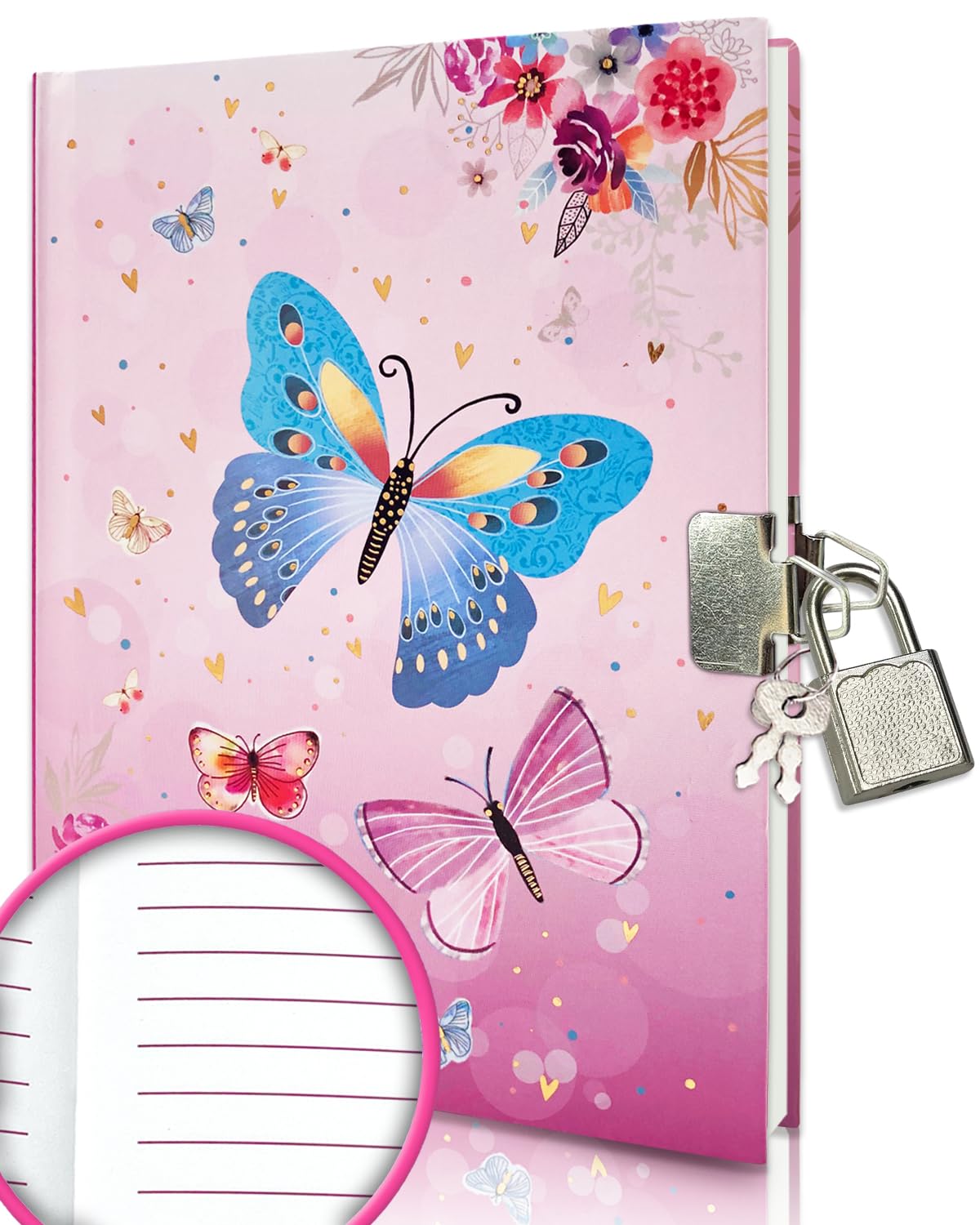Farfalla Diario Segreto Bambina con lucchetto, 17,8x13,5cm 80 Fogli a Righe Taccuino Appunti Bambino Diario con Lucchetto Ragazza Quaderno Appunti Bambini per Compleanno Regalo Bambina 6-10 Anni