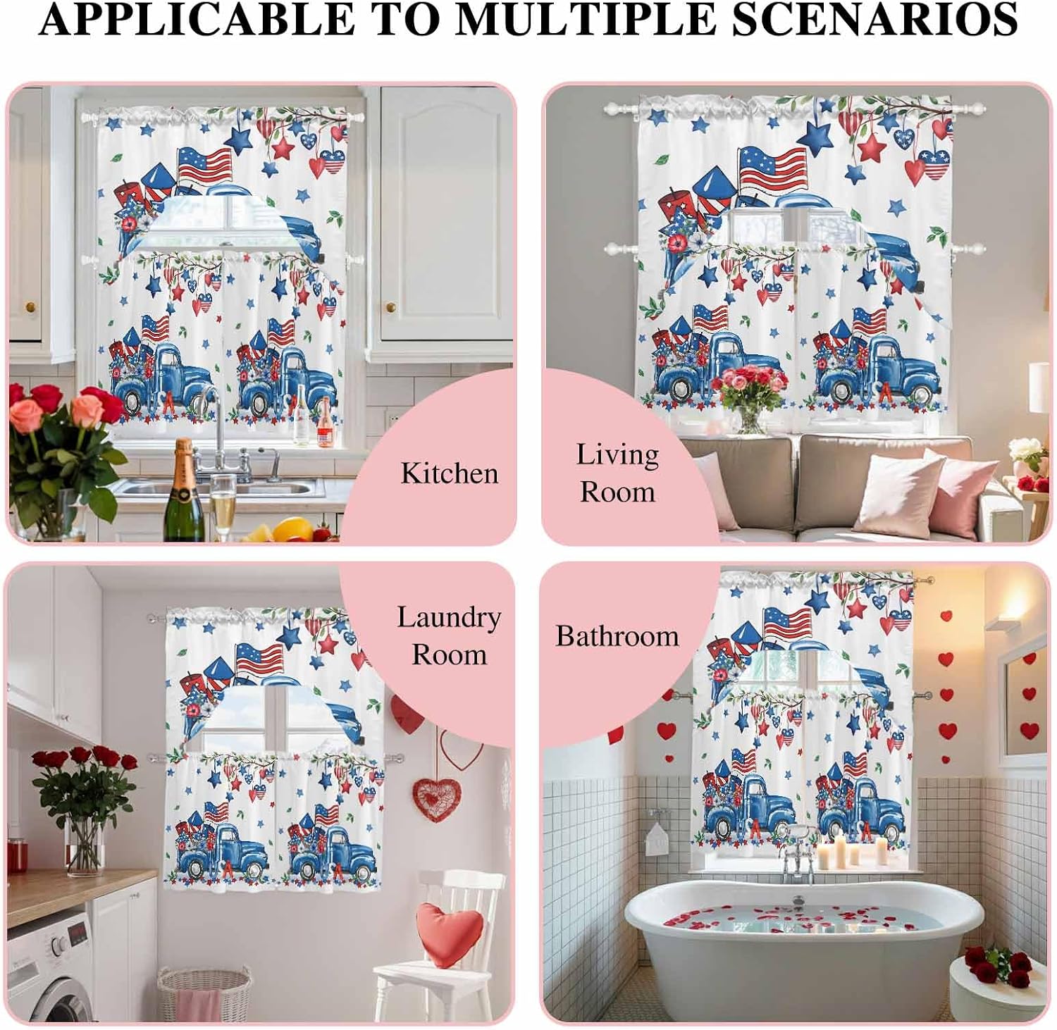 Independence Day Kitchen Curtains and Valance Set,Farmhouse American Flag Truck Star Love Short Swag Tier Curtain 24 Inch Length for Cafe Living Room Bedroom Bathroom 3Pcs Rod Pocket Window Drapes