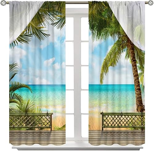 Miniatura 8 de Cortinas de playa tropical, verano con palmeras tropicales, paisaje marino y paisaje marino para dormitorio, sala de estar, cocina, juego de 2