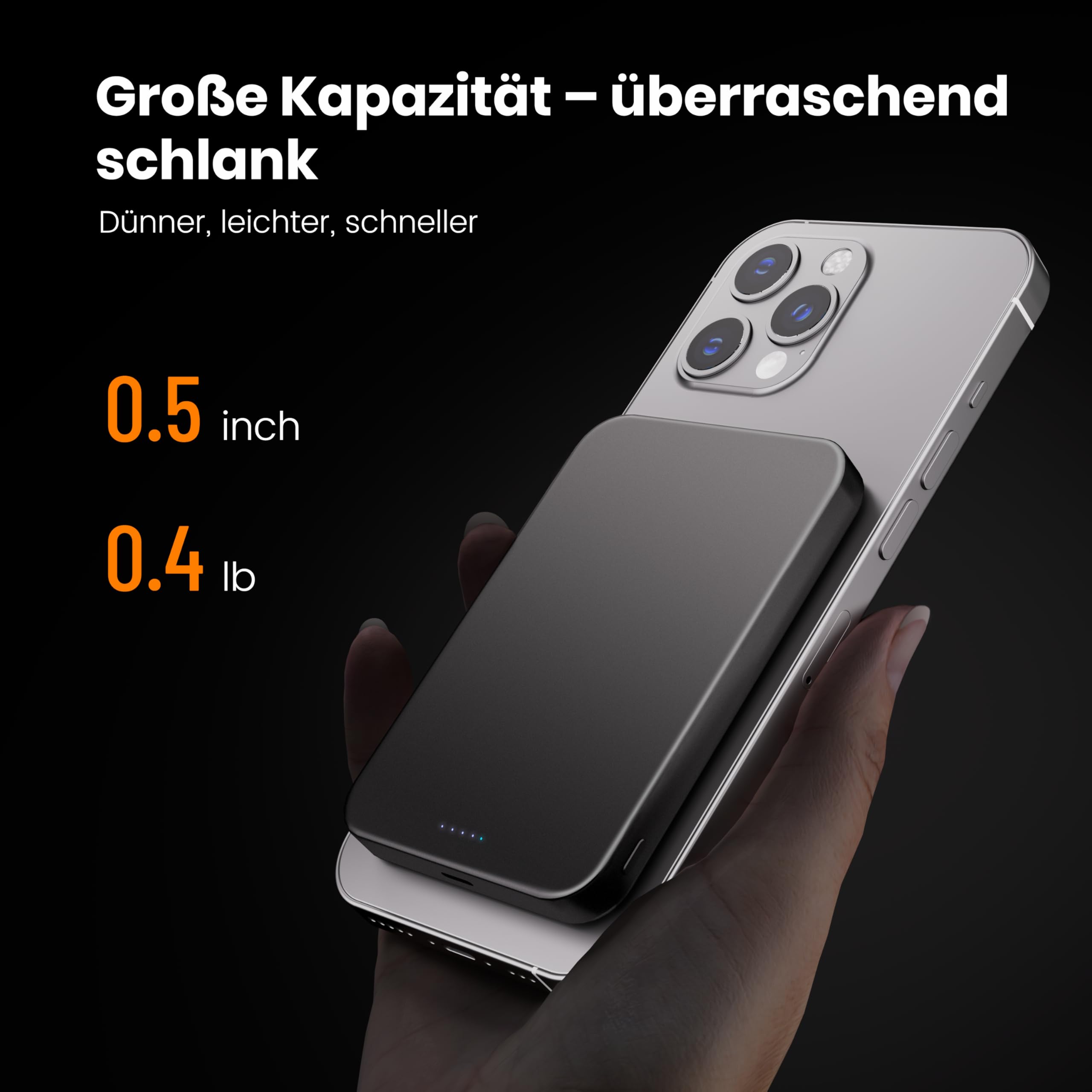 Kstime Magnetische Powerbank, 10000 mAh, 14 mm, ultradünnes Titan-Design, PD20W, kabelloses tragbares Ladegerät mit USB-C-Eingang und Ausgang, kompatibel mit iPhone 17/16/15/14/13/12 Serie (Orange)