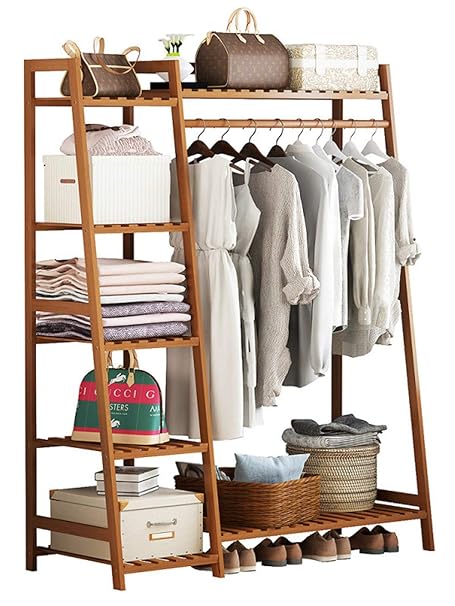 LEOPAX Bamboo Coat/Clothing/Garment Rack/Freestanding Storage Shelf with 5-Tier Shelf (80 * 40 * 140cm, Natural)