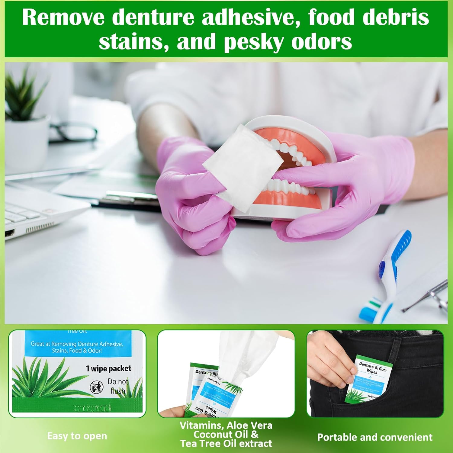 Timgle 100 Pcs Denture Cleaning Wipes Refreshes Mouth Deep Cleaning Wipes for Remove Denture Adhesive, Food Debris, Stains and Odor - Image 3