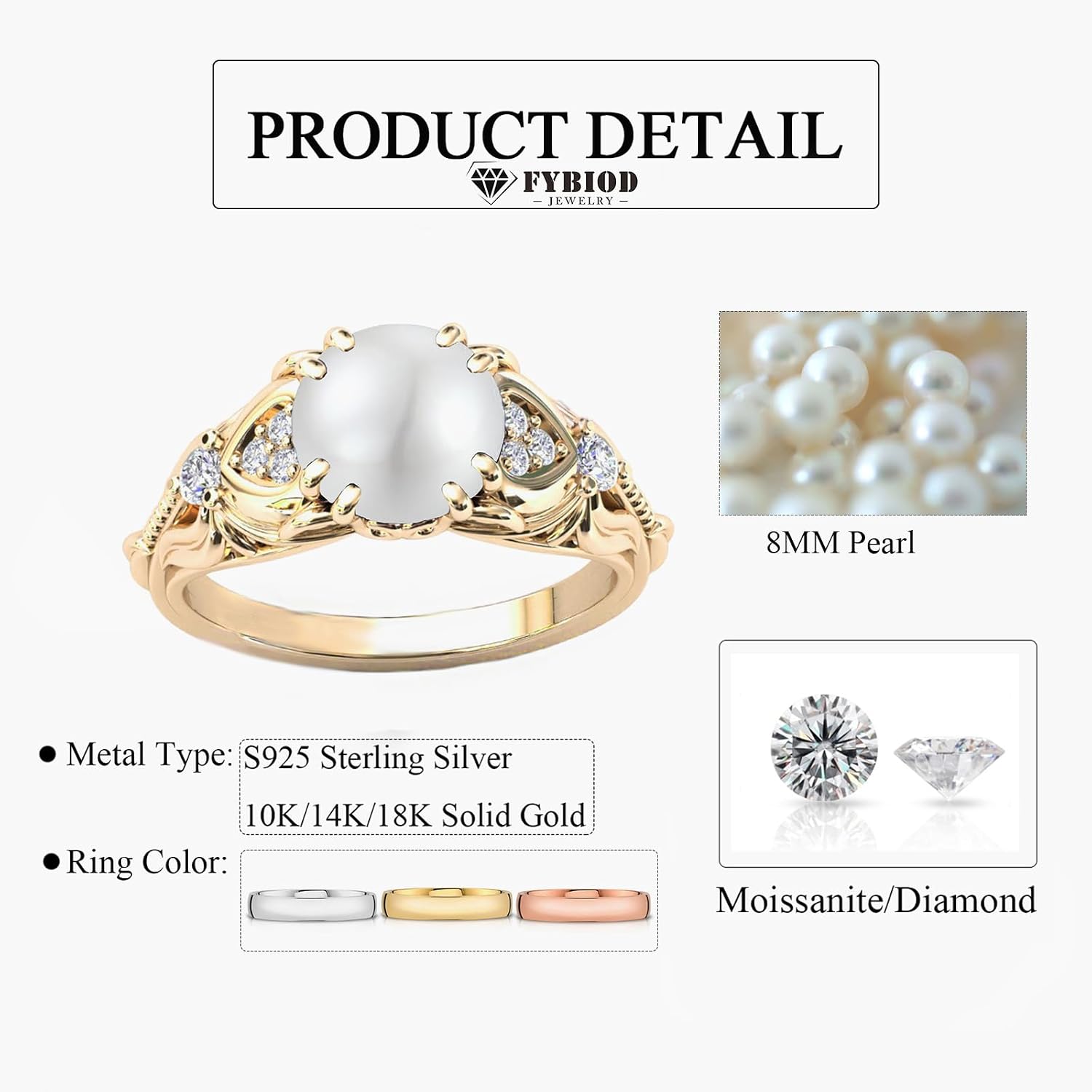 8mm Round Pearl Engagement Rings for Women 10K 14K 18K Gold Natural Tahitian/Akoya/Freshwater Pearl Promise Wedding Anniversary Ring for Her Size 4-15
