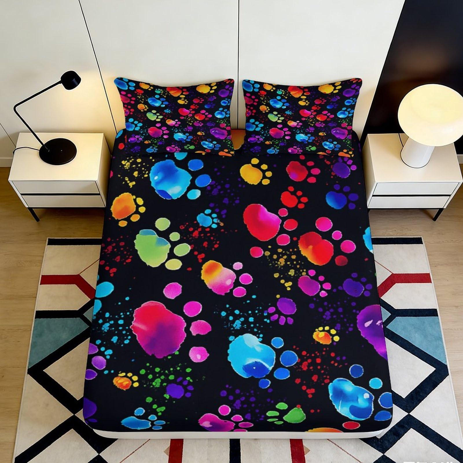 3D Printed Colorful Paw Prints Fitted Sheet Microfiber Soft Breathable Rainbow Footprint Bed Cover for Bedroom Dormitory Guest Room Mattress Protection 180x200x25cm