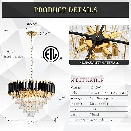 Miniatura 2 de CATINER Moderno candelabro de cristal contemporáneo de 24 pulgadas, iluminación colgante redonda negra con 5 niveles para sala de estar, entrada,