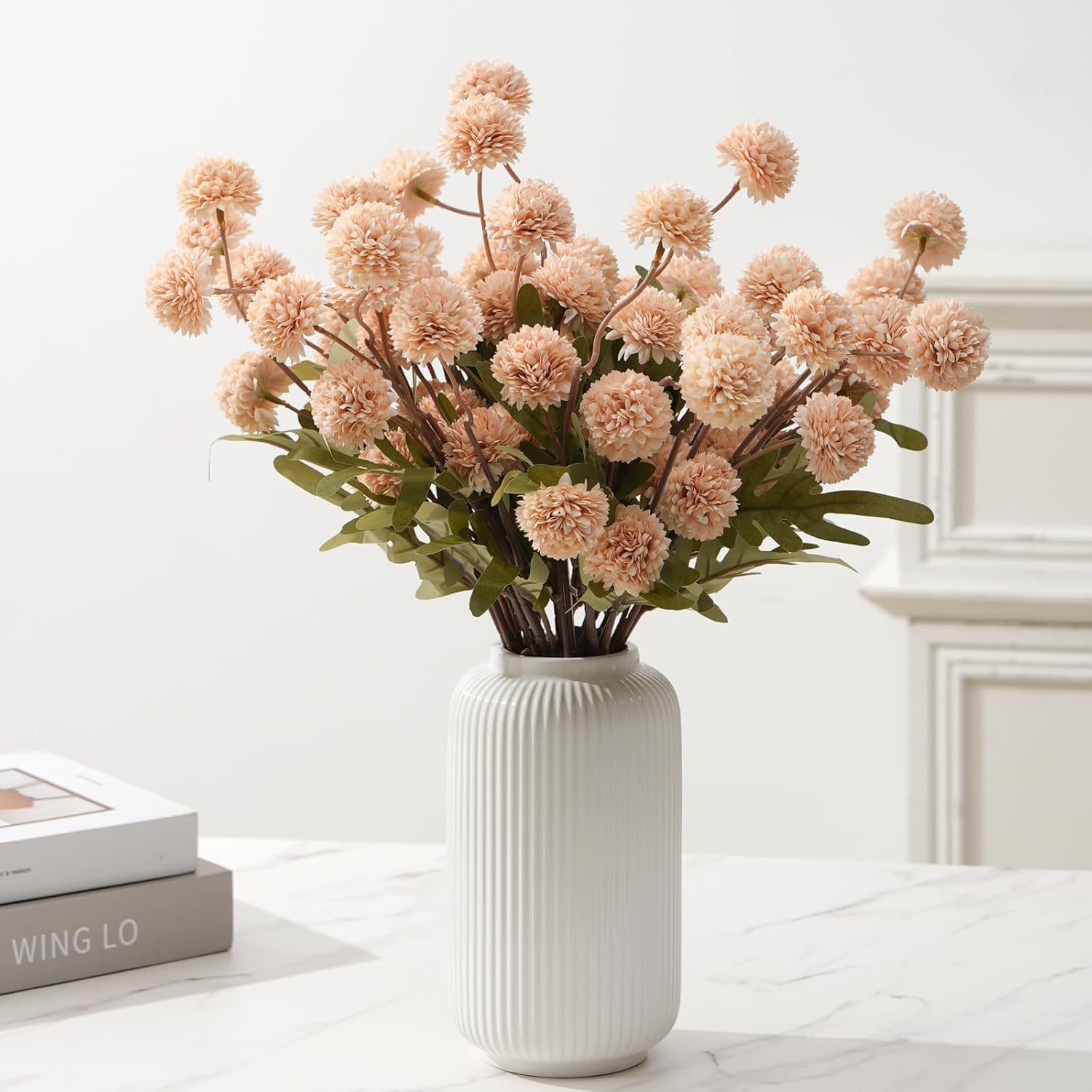 Fake Fall Flowers for Vase, Faux Silk Kiku Mums, Artificial Pom pom Floral Bouquets Indoor Centerpiece Office Coffee Table Boho Home Decorations (9, Khaki)