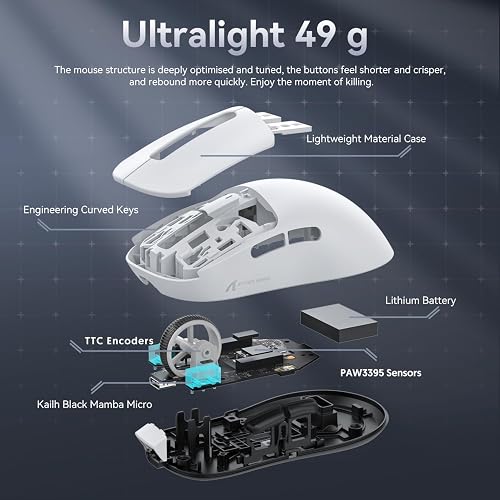 ATTACK SHARK X3 49g Mouse Ultraleggera, Sensore Gaming PixArt PAW3395, Mouse da Gaming Wireless/Cavo BT/2.4G, 26000 DPI, 200 Ore di Batteria, Mouse per Ufficio per Win11/Xbox/PS/Mac (Bianco) - 5
